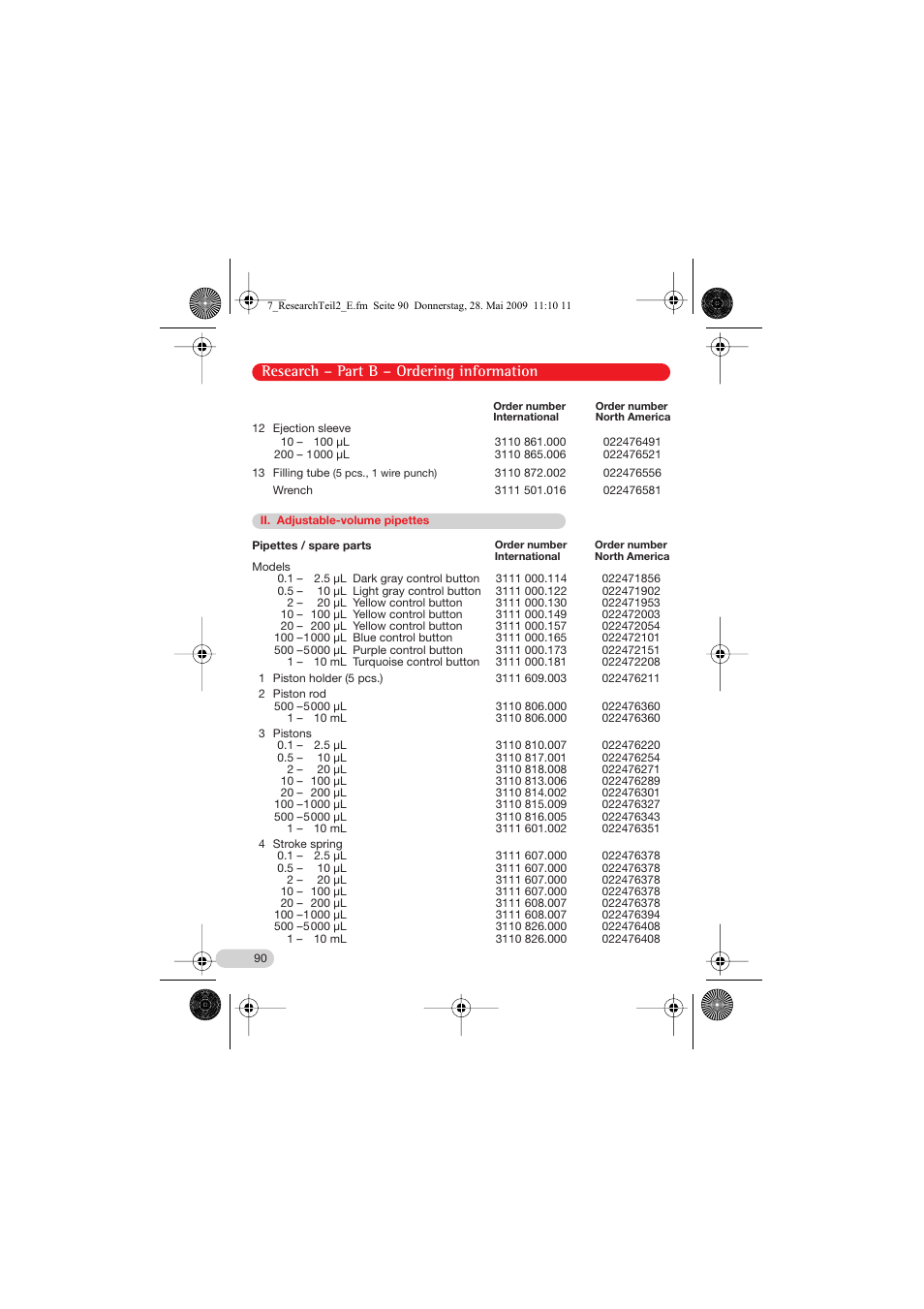Ii. adjustable-volume pipettes, Research – part b – ordering information | Eppendorf Research Family - fix, variable, multi User Manual | Page 30 / 42