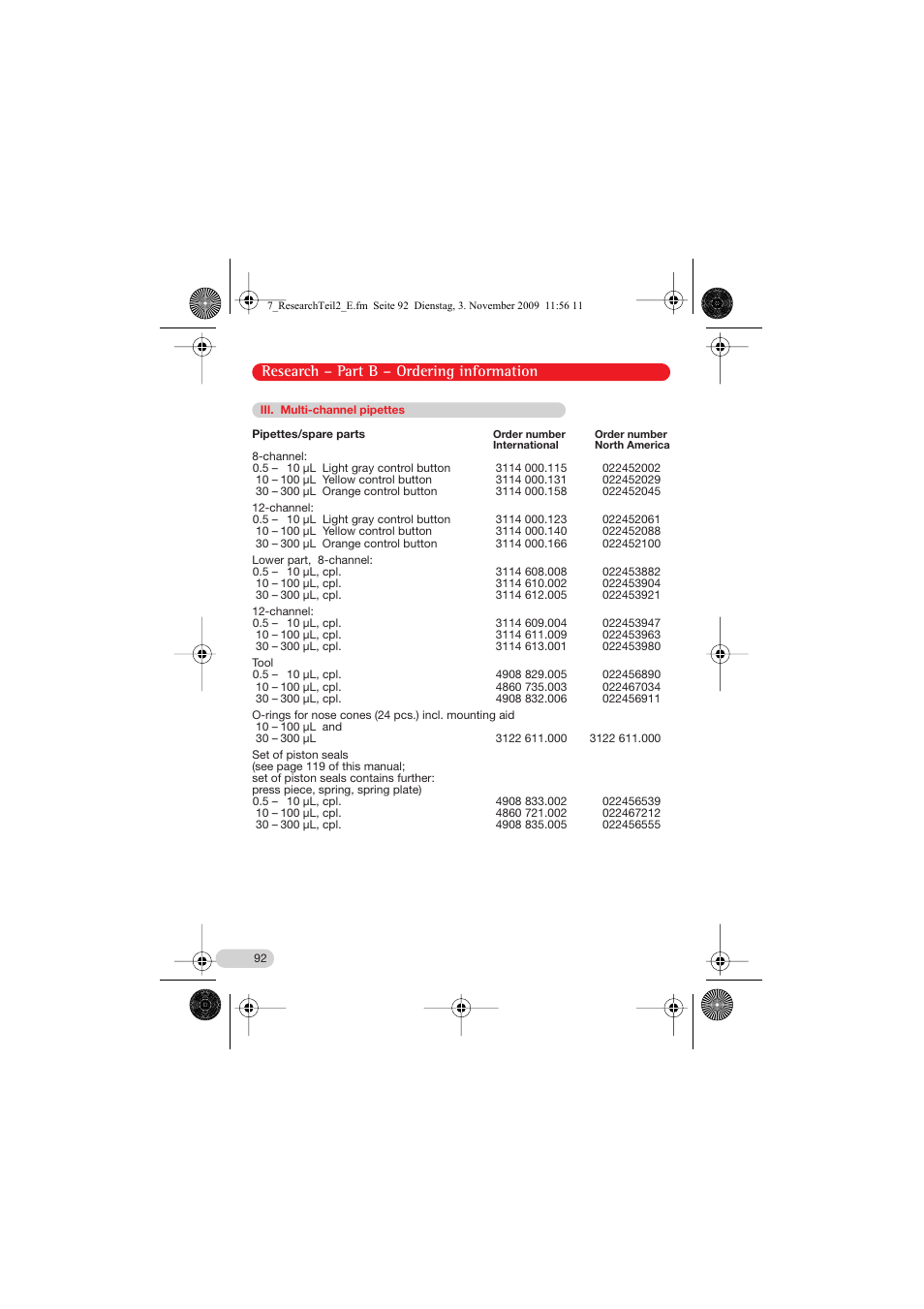 Iii. multi-channel pipettes, Research – part b – ordering information | Eppendorf Research Family - fix, variable, multi User Manual | Page 32 / 42