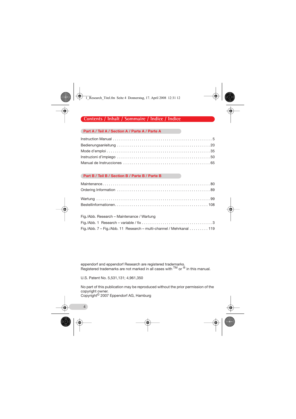 Contents / inhalt / sommaire / indice / indice | Eppendorf Research Family - fix, variable, multi User Manual | Page 4 / 42