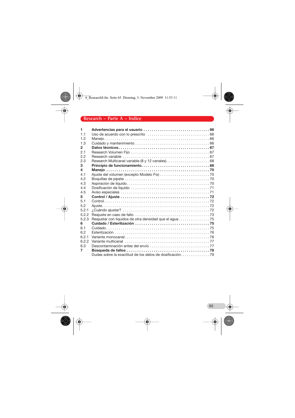 Parte a – indice, Research – parte a – indice | Eppendorf Research Family - fix, variable, multi User Manual | Page 5 / 42