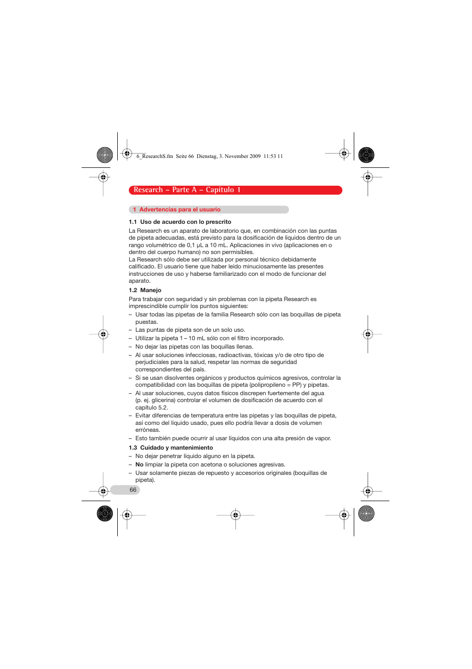 1 advertencias para el usuario, Research – parte a – capítulo 1 | Eppendorf Research Family - fix, variable, multi User Manual | Page 6 / 42