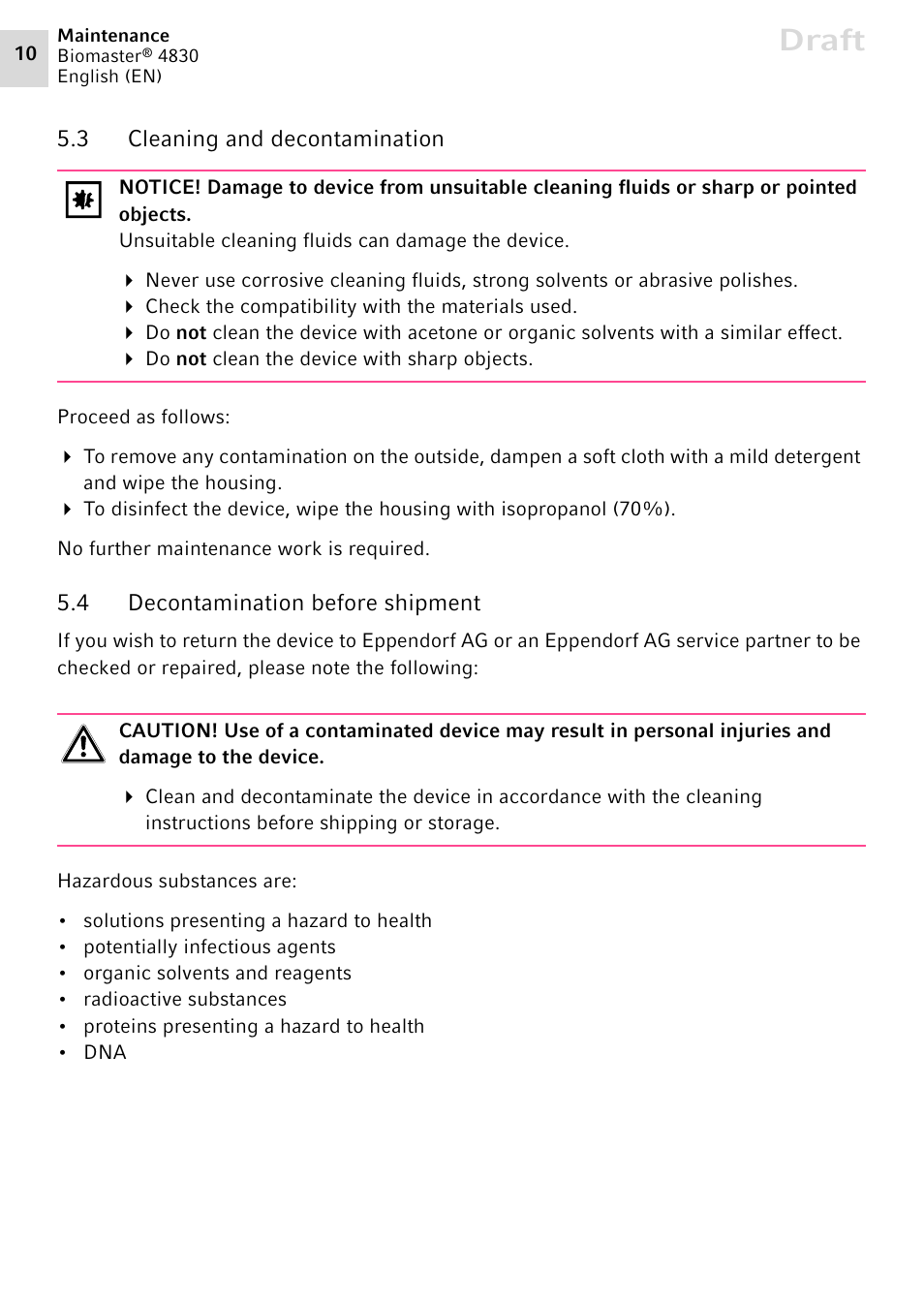 3 cleaning and decontamination, 4 decontamination before shipment, Cleaning and decontamination | Decontamination before shipment, Draft | Eppendorf Biomaster 4830 User Manual | Page 10 / 14
