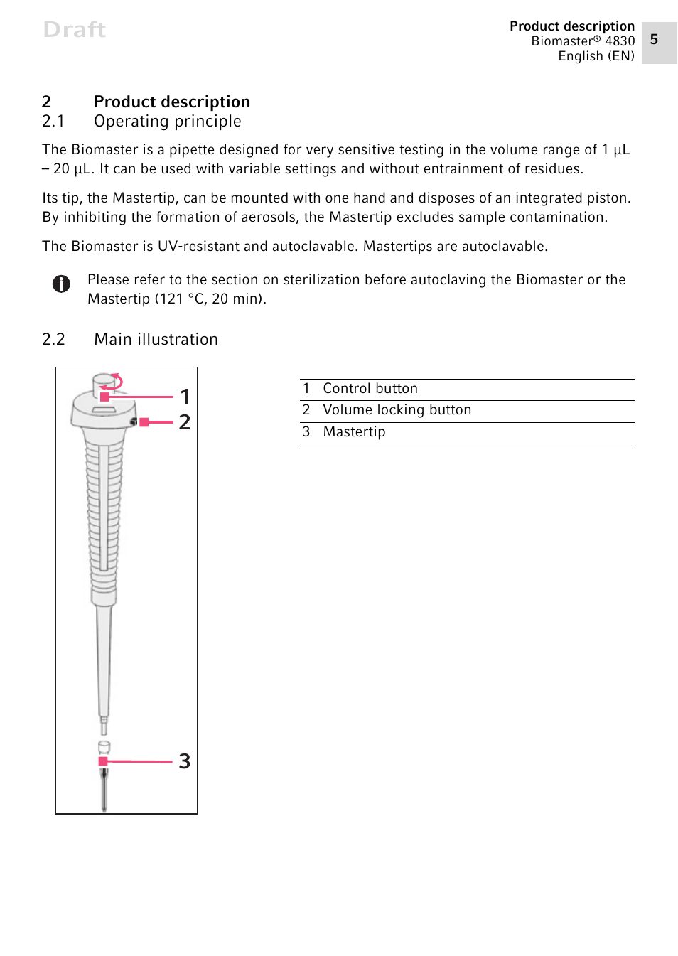 2 product description, 1 operating principle, 2 main illustration | Product description 2.1, Operating principle, Main illustration, Draft | Eppendorf Biomaster 4830 User Manual | Page 5 / 14