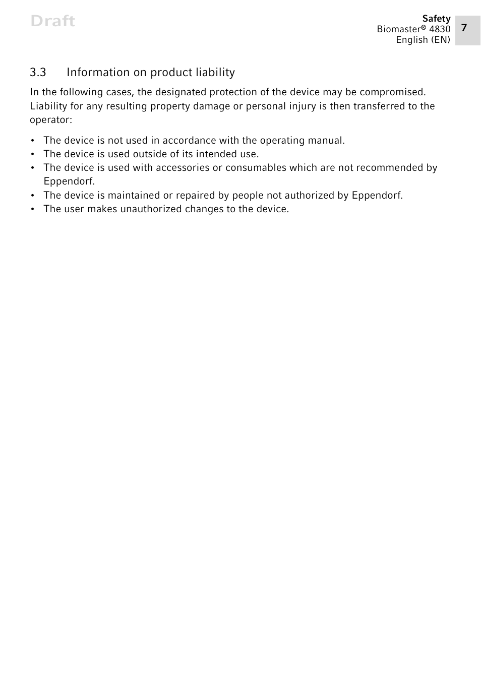 3 information on product liability, Information on product liability, Draft | Eppendorf Biomaster 4830 User Manual | Page 7 / 14
