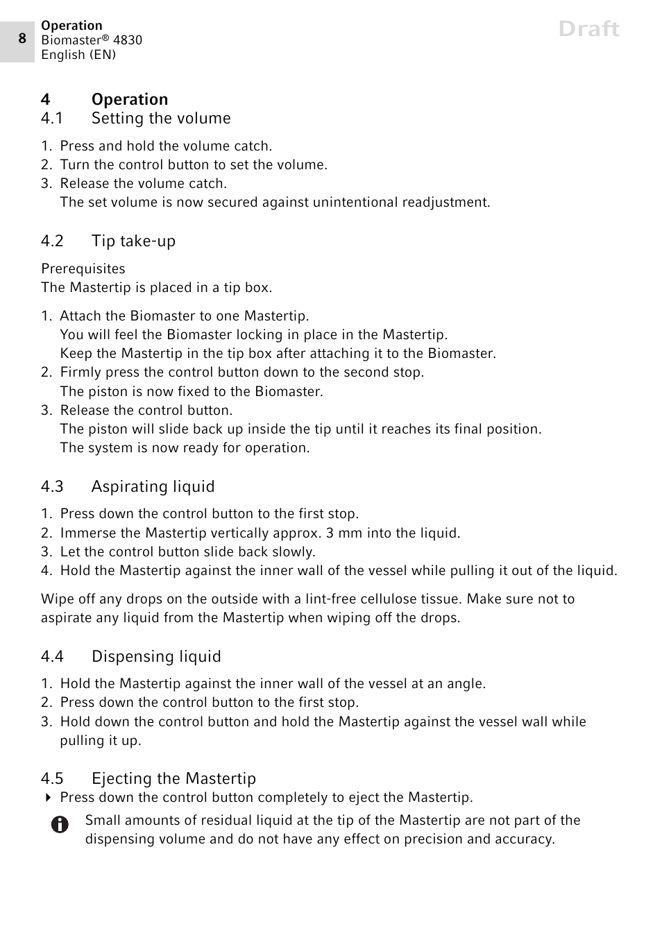 4 operation, 1 setting the volume, 2 tip take-up | 3 aspirating liquid, 4 dispensing liquid, 5 ejecting the mastertip, Operation 4.1, Setting the volume, Tip take-up, Aspirating liquid | Eppendorf Biomaster 4830 User Manual | Page 8 / 14