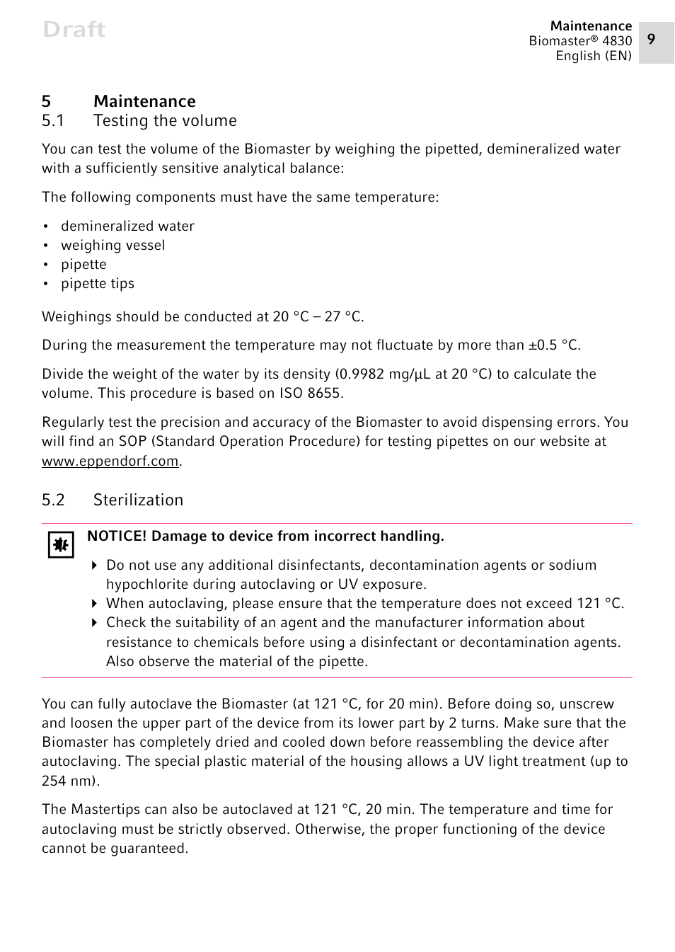 5 maintenance, 1 testing the volume, 2 sterilization | Maintenance 5.1, Testing the volume, Sterilization, Draft | Eppendorf Biomaster 4830 User Manual | Page 9 / 14