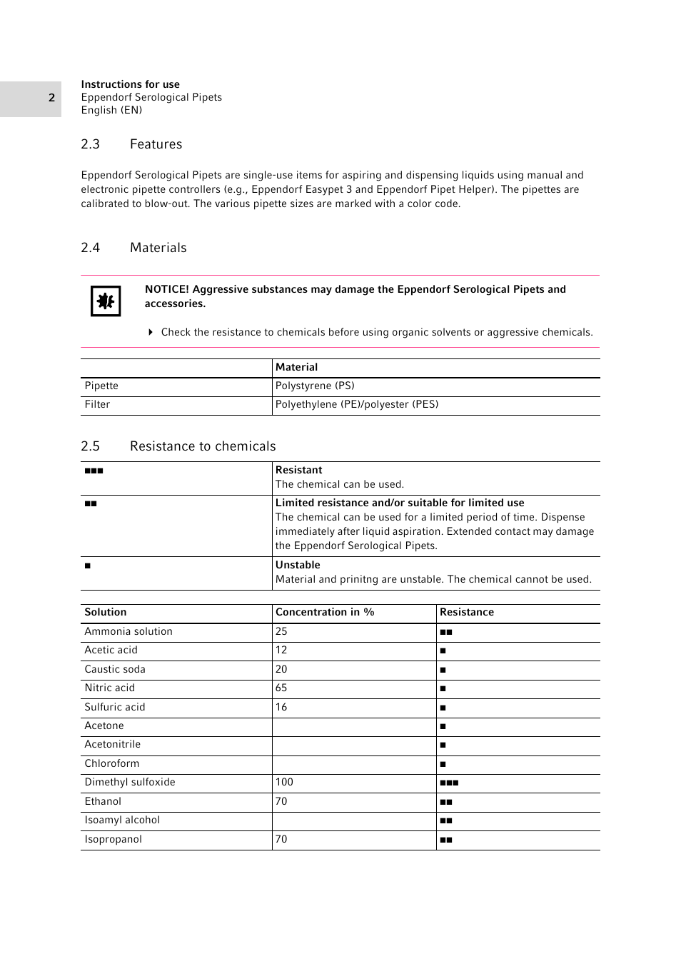 3 features, 4 materials, 5 resistance to chemicals | 4 materials 2.5 resistance to chemicals | Eppendorf Serological Pipets User Manual | Page 2 / 6