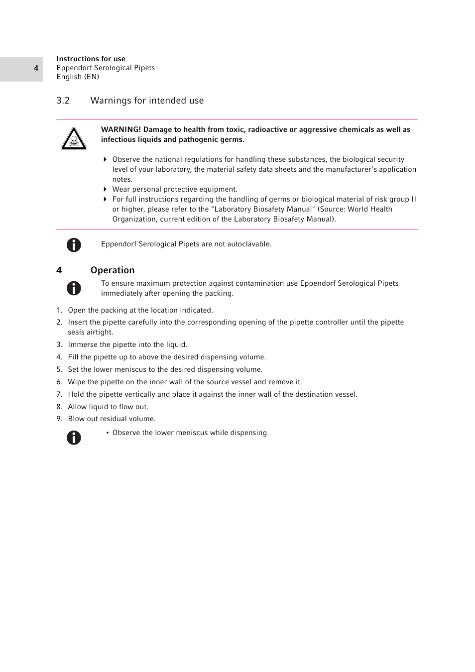 2 warnings for intended use, 4 operation | Eppendorf Serological Pipets User Manual | Page 4 / 6