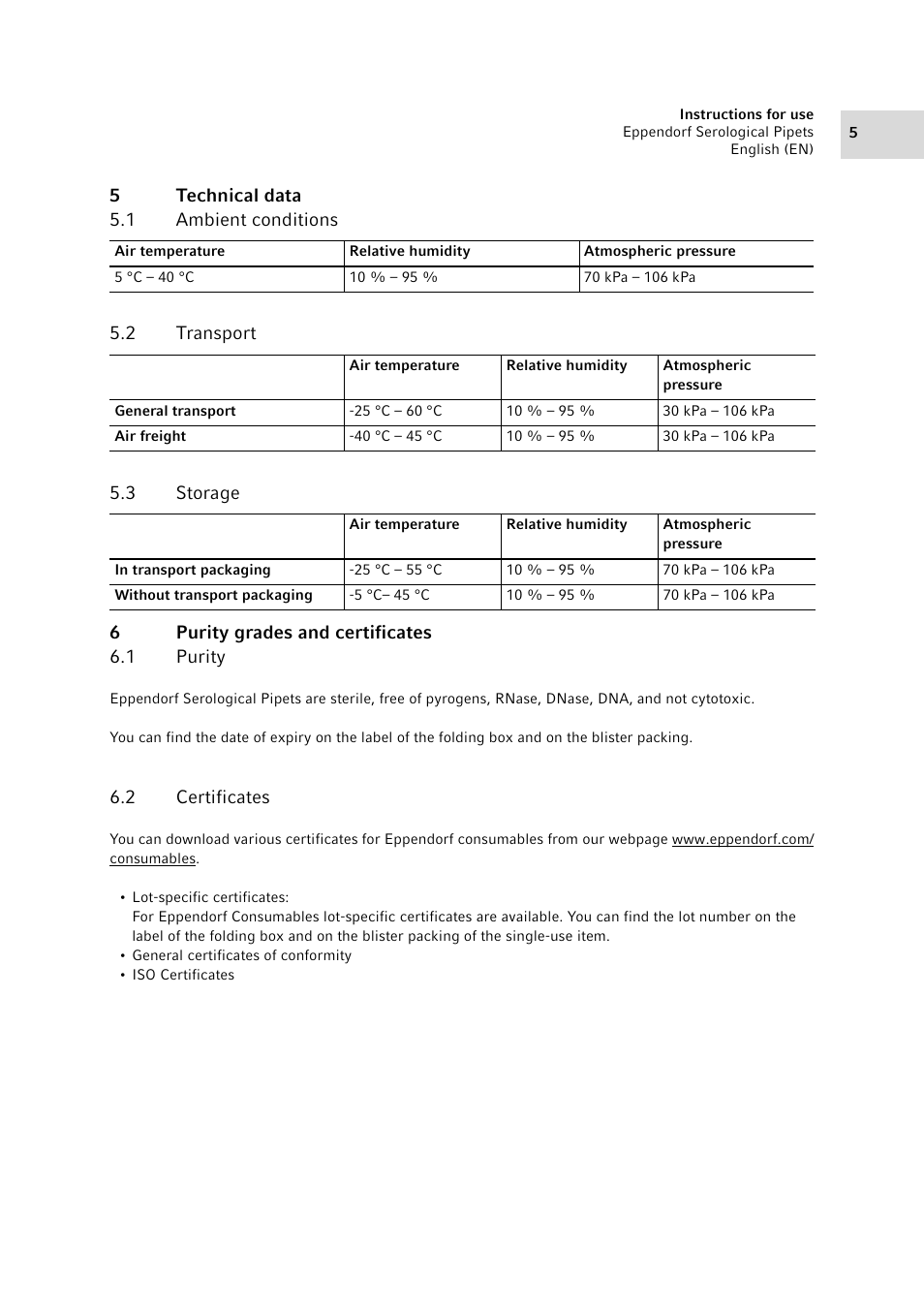 5 technical data, 1 ambient conditions, 2 transport | 3 storage, 6 purity grades and certificates, 1 purity, 2 certificates | Eppendorf Serological Pipets User Manual | Page 5 / 6
