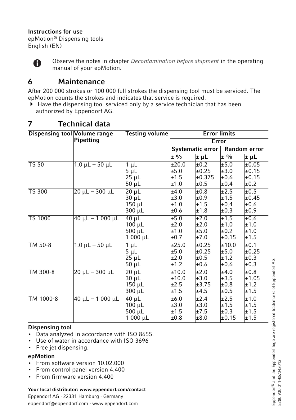 6 maintenance, 7 technical data, 6maintenance | 7technical data | Eppendorf epMotion Dispensing tools User Manual | Page 2 / 2