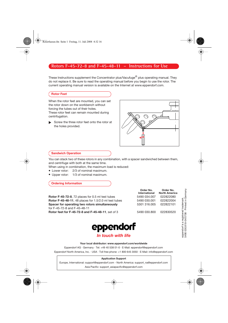 Eppendorf Rotors F-45-48-11 User Manual | 1 page