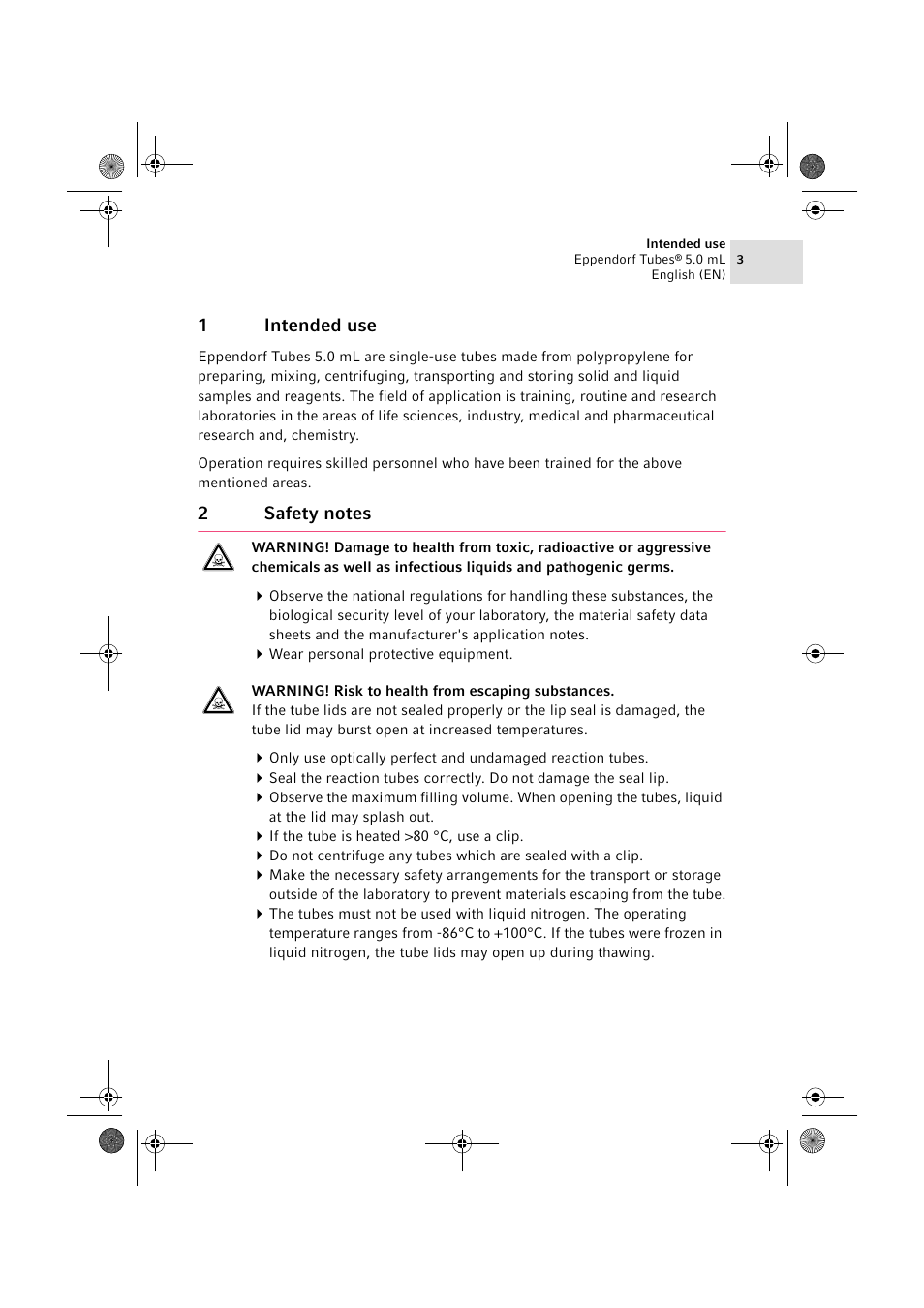 1 intended use, 2 safety notes, 1intended use | Eppendorf Tubes 5.0 mL User Manual | Page 3 / 12
