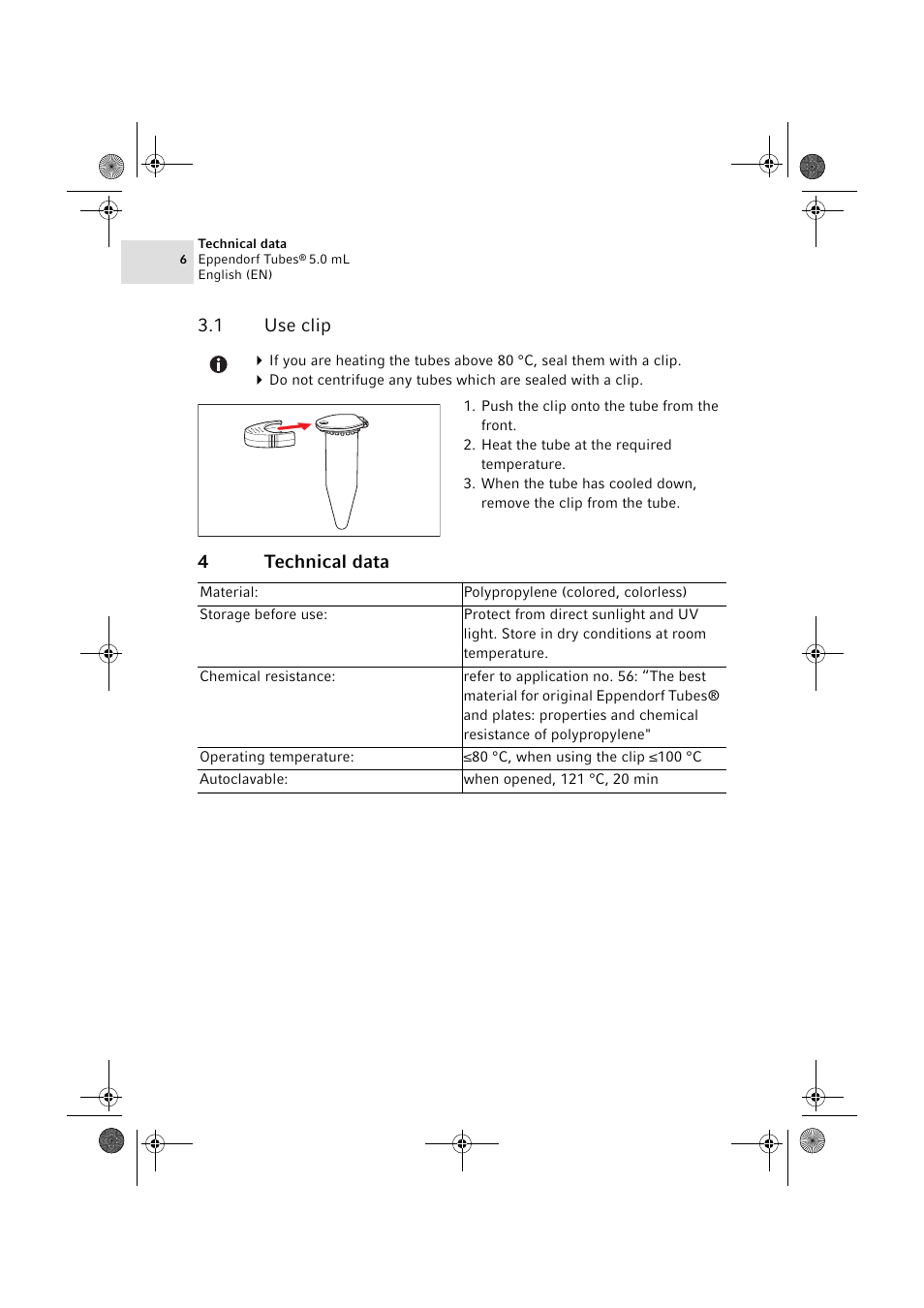 1 use clip, 4 technical data, 1 use clip 4 technical data | Eppendorf Tubes 5.0 mL User Manual | Page 6 / 12