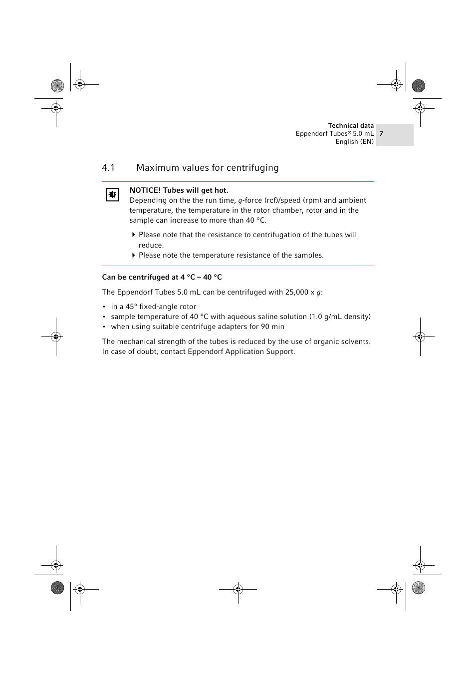 1 maximum values for centrifuging | Eppendorf Tubes 5.0 mL User Manual | Page 7 / 12