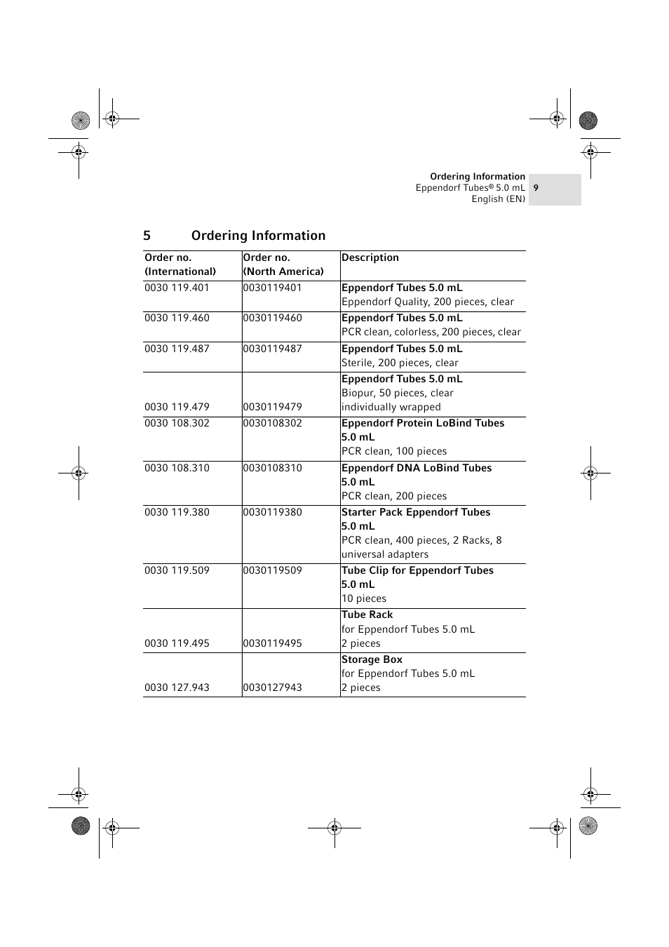 5 ordering information, 5ordering information | Eppendorf Tubes 5.0 mL User Manual | Page 9 / 12