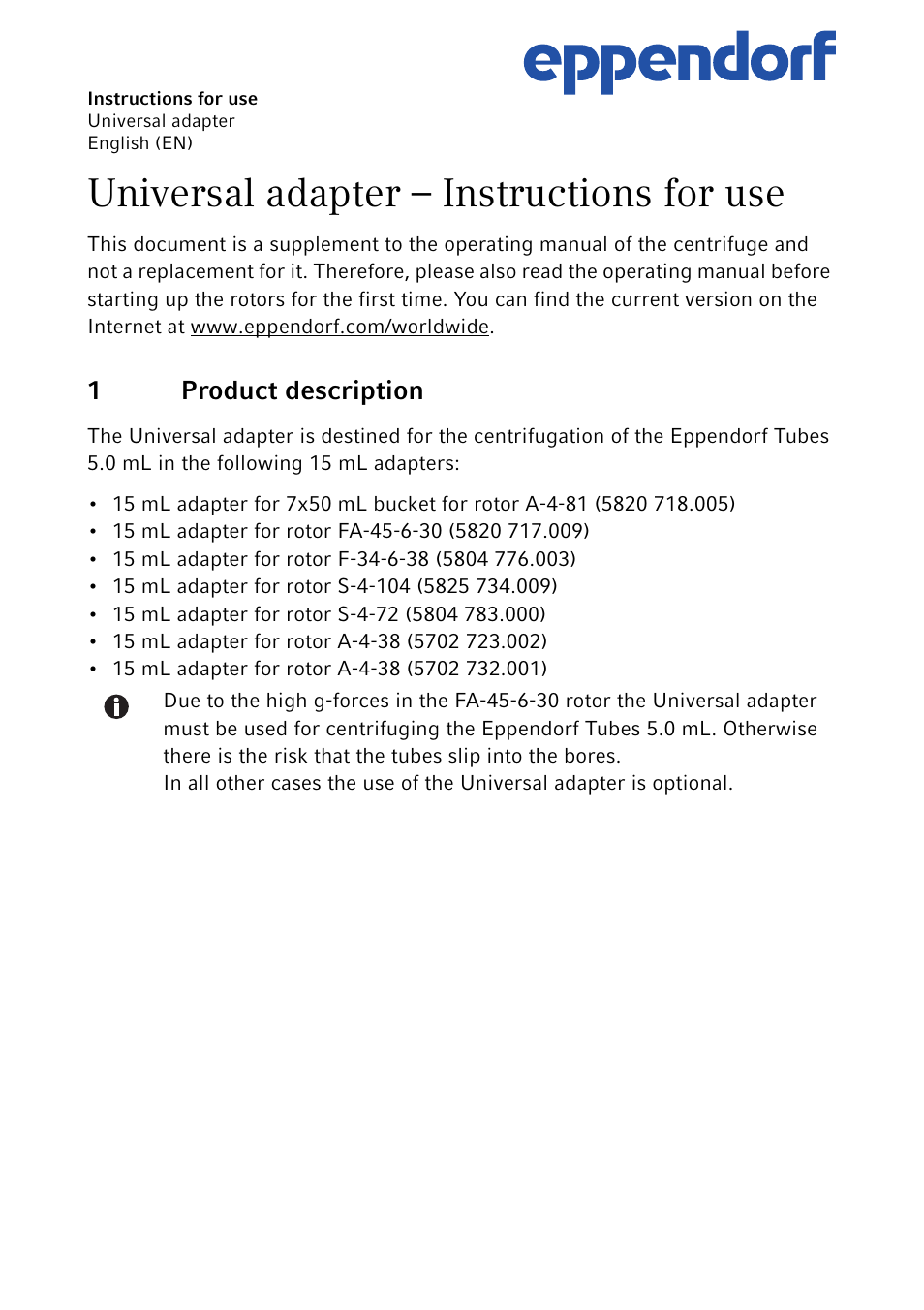 Eppendorf Universal Adapter for centrifugation User Manual | 4 pages