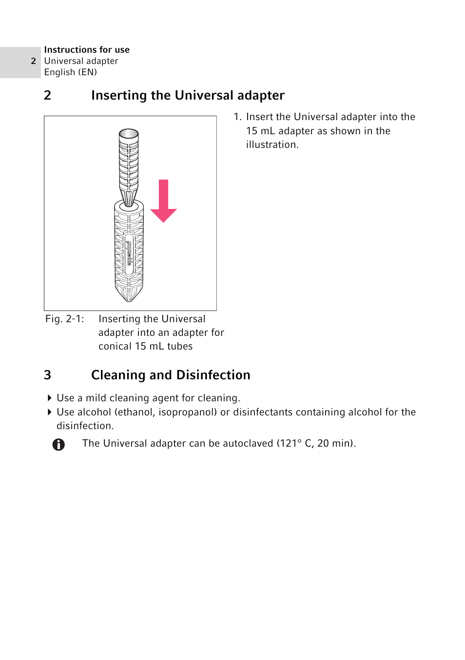 2 inserting the universal adapter, 3 cleaning and disinfection | Eppendorf Universal Adapter for centrifugation User Manual | Page 2 / 4