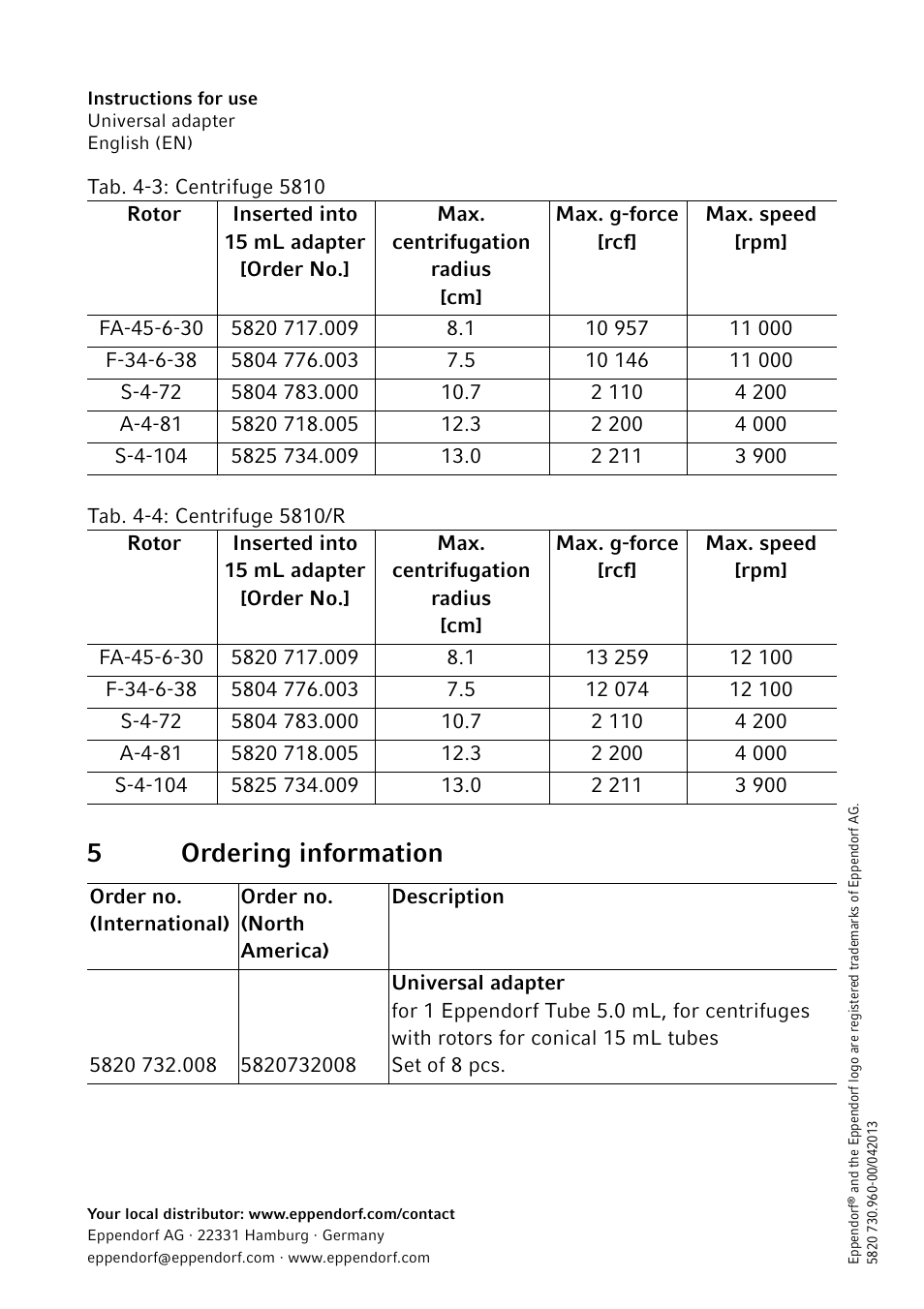 5 ordering information, 5ordering information | Eppendorf Universal Adapter for centrifugation User Manual | Page 4 / 4