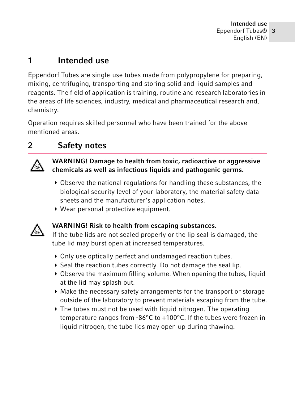 1 intended use, 2 safety notes, 1intended use | Eppendorf Tubes User Manual | Page 3 / 12