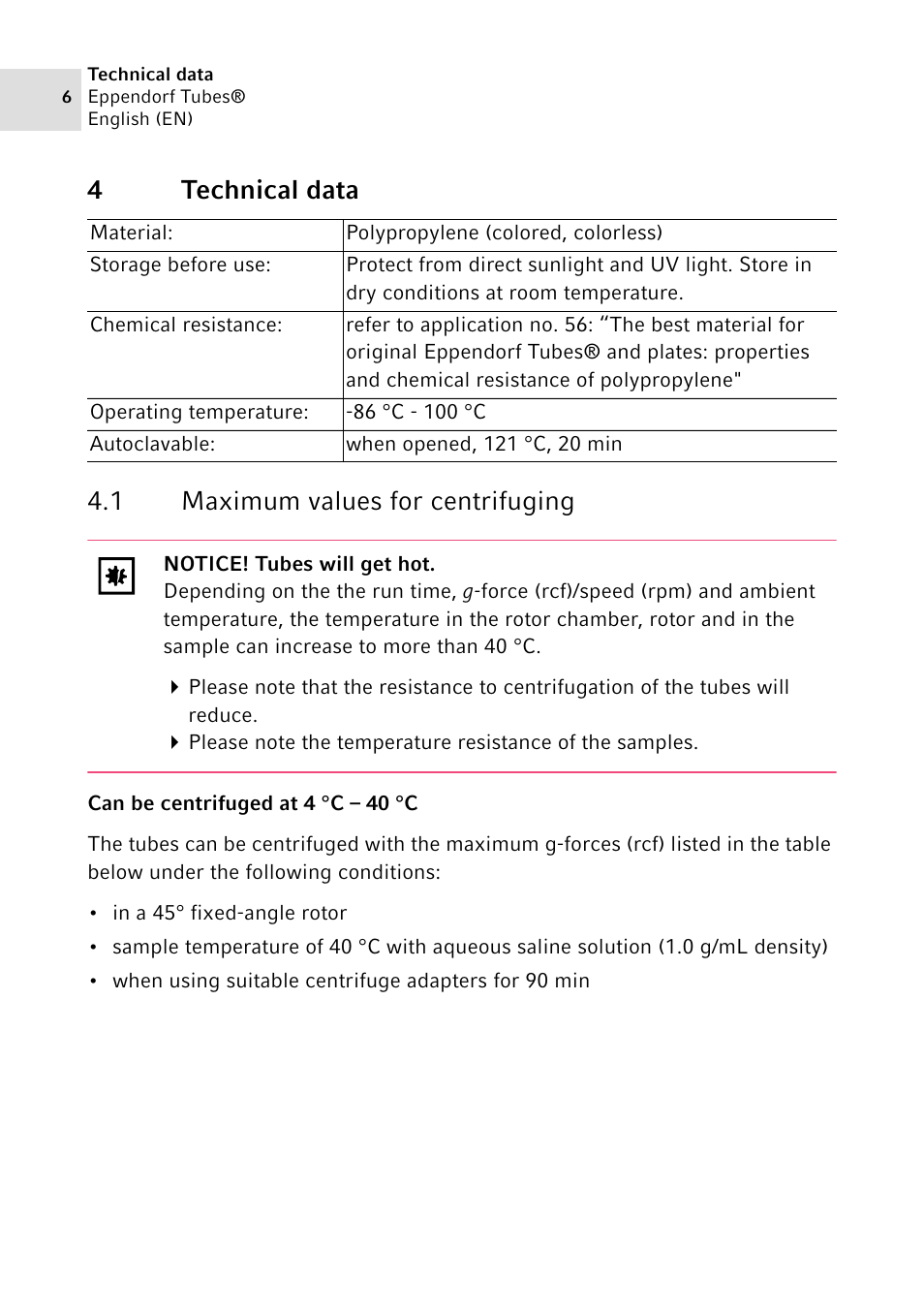 4 technical data, 1 maximum values for centrifuging | Eppendorf Tubes User Manual | Page 6 / 12