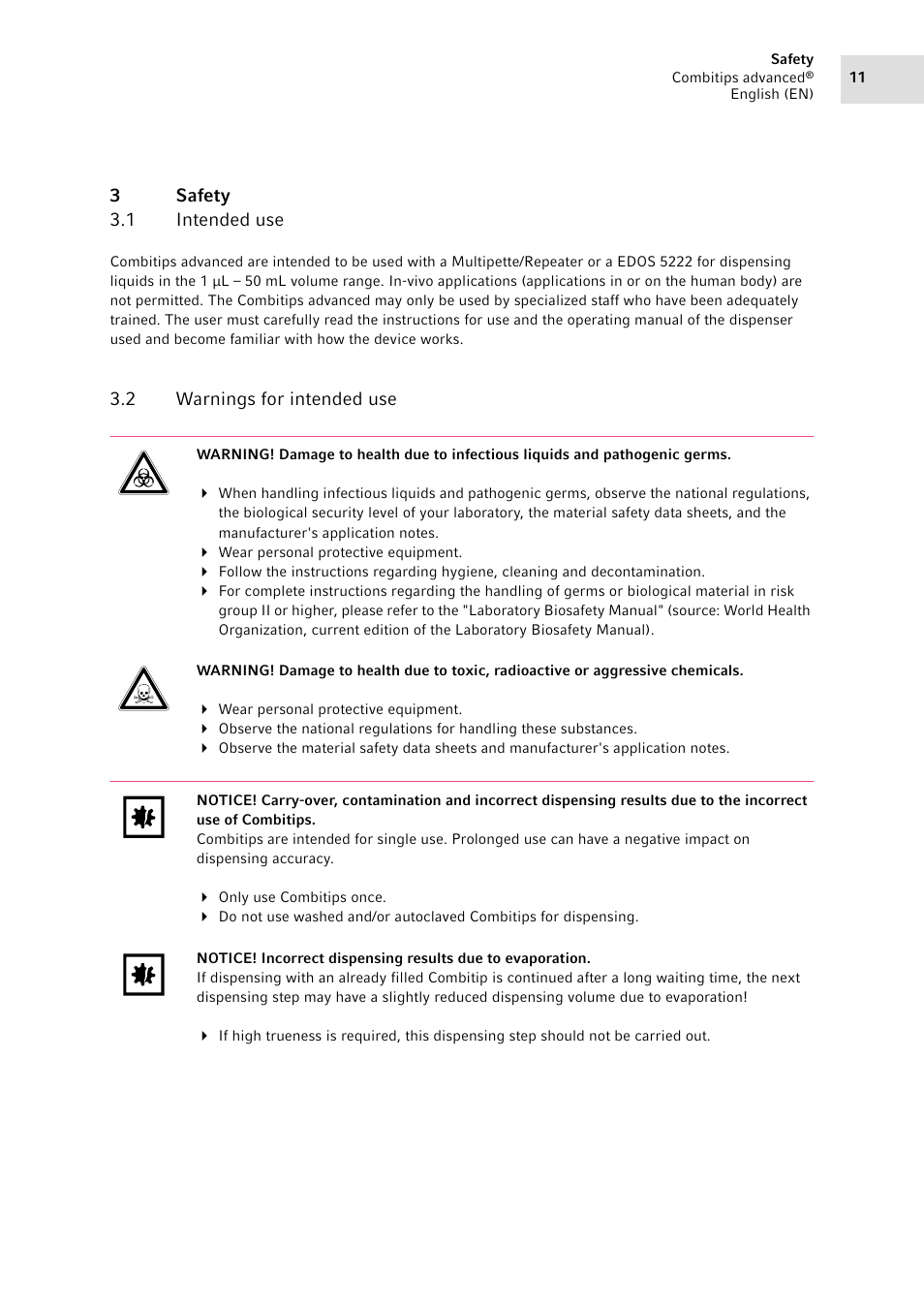3 safety, 1 intended use, 2 warnings for intended use | Safety 3.1, Intended use, Warnings for intended use | Eppendorf Combitips advanced User Manual | Page 11 / 29