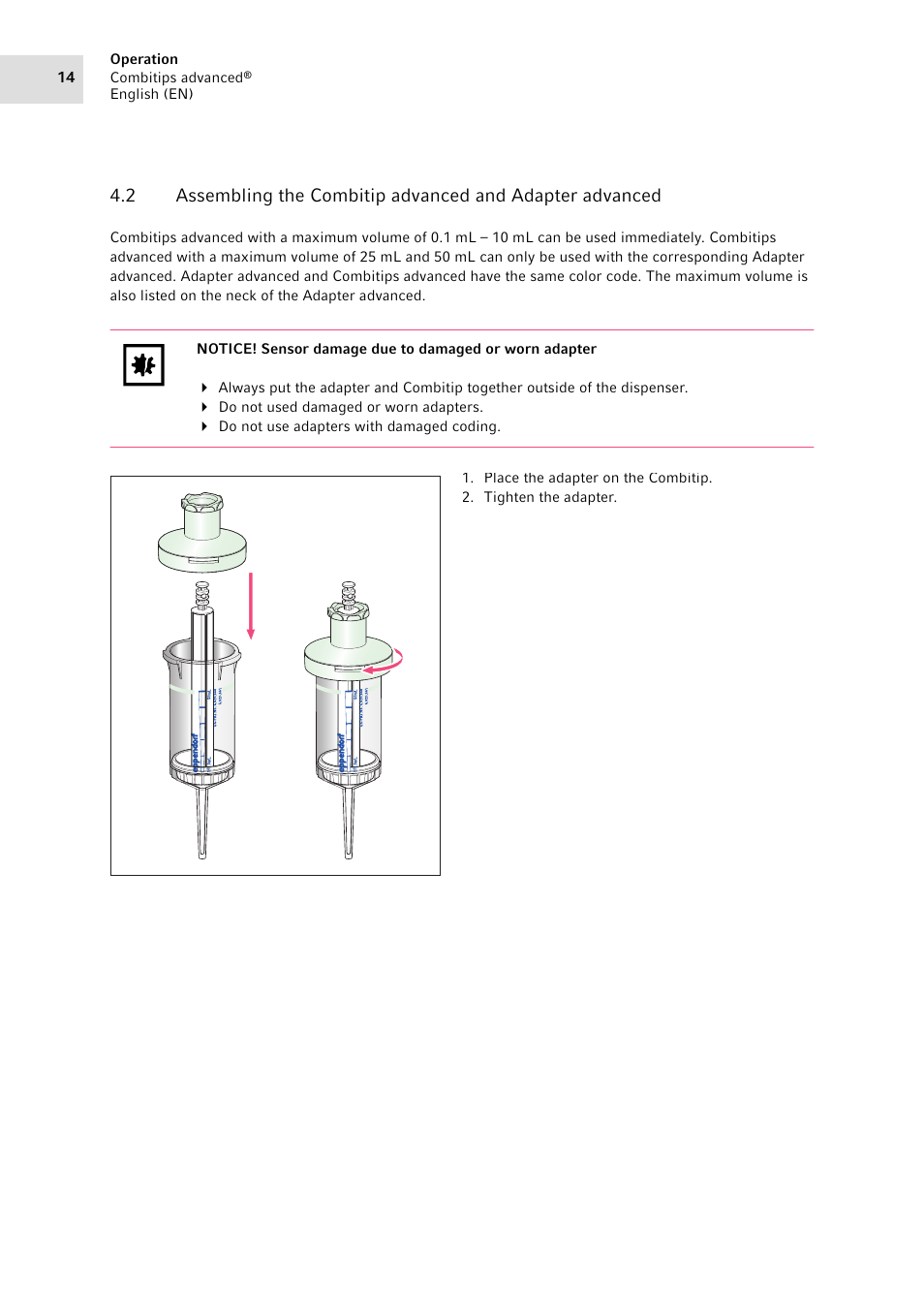 Assembling the combitip, Advanced and adapter, Advanced | Eppendorf Combitips advanced User Manual | Page 14 / 29