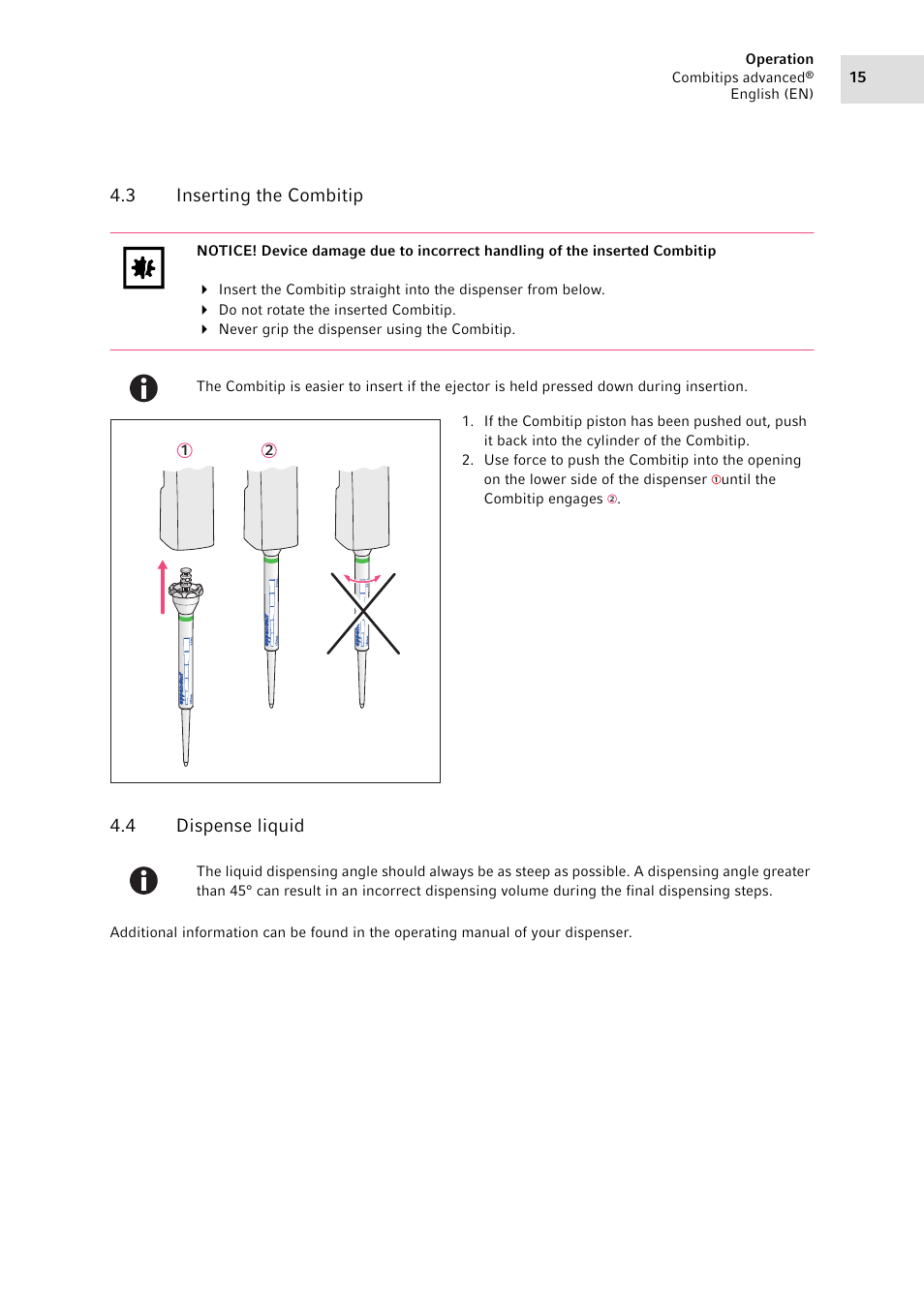 3 inserting the combitip, 4 dispense liquid, Inserting the combitip | Dispense liquid, 3 inserting the combitip 4.4 dispense liquid | Eppendorf Combitips advanced User Manual | Page 15 / 29
