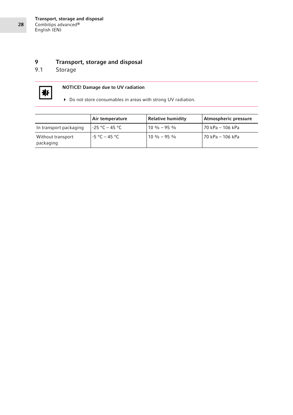 9 transport, storage and disposal, 1 storage, Transport, storage and disposal 9.1 | Storage, 9transport, storage and disposal 9.1 storage | Eppendorf Combitips advanced User Manual | Page 28 / 29