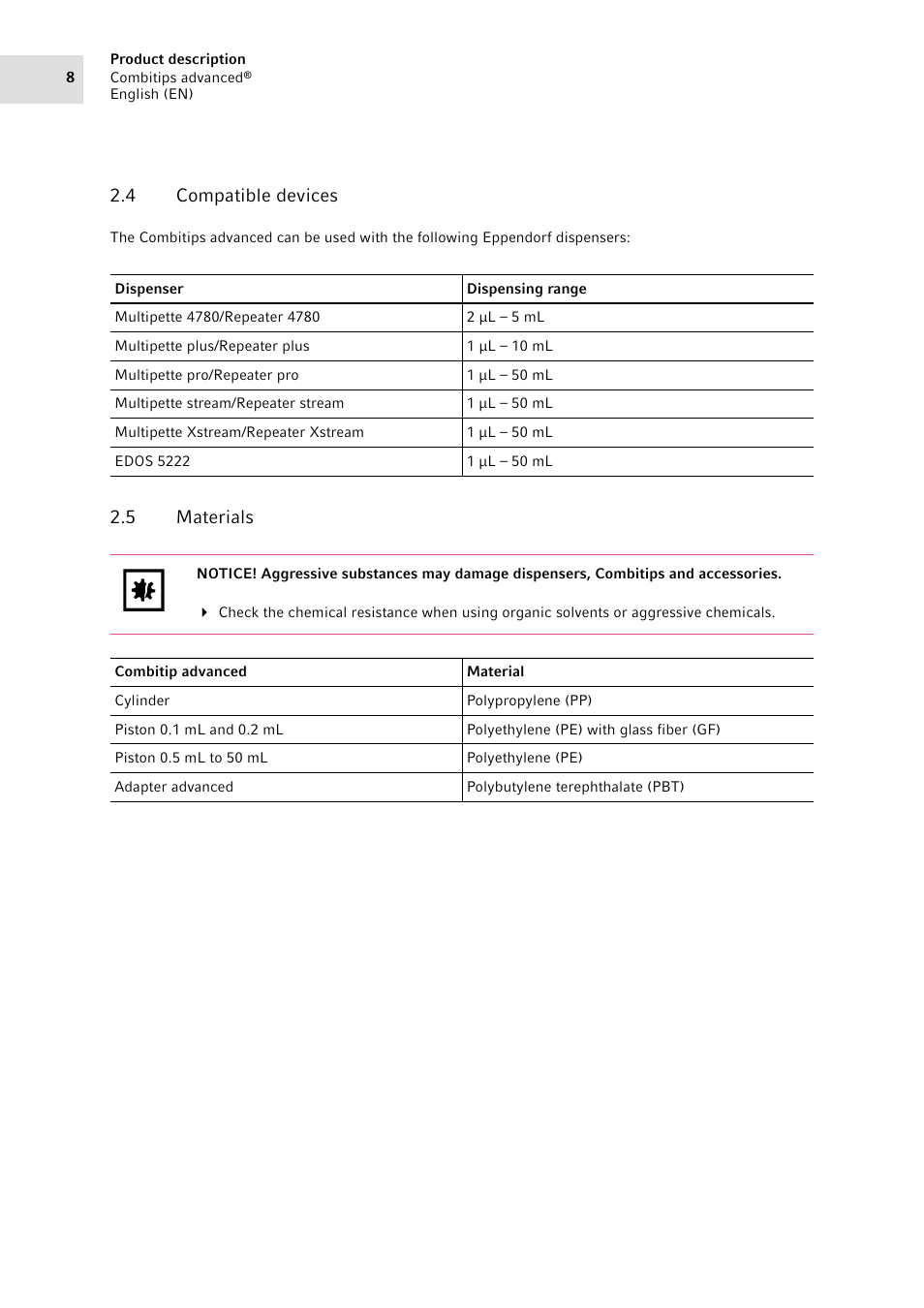 4 compatible devices, 5 materials, Compatible devices | Materials | Eppendorf Combitips advanced User Manual | Page 8 / 29