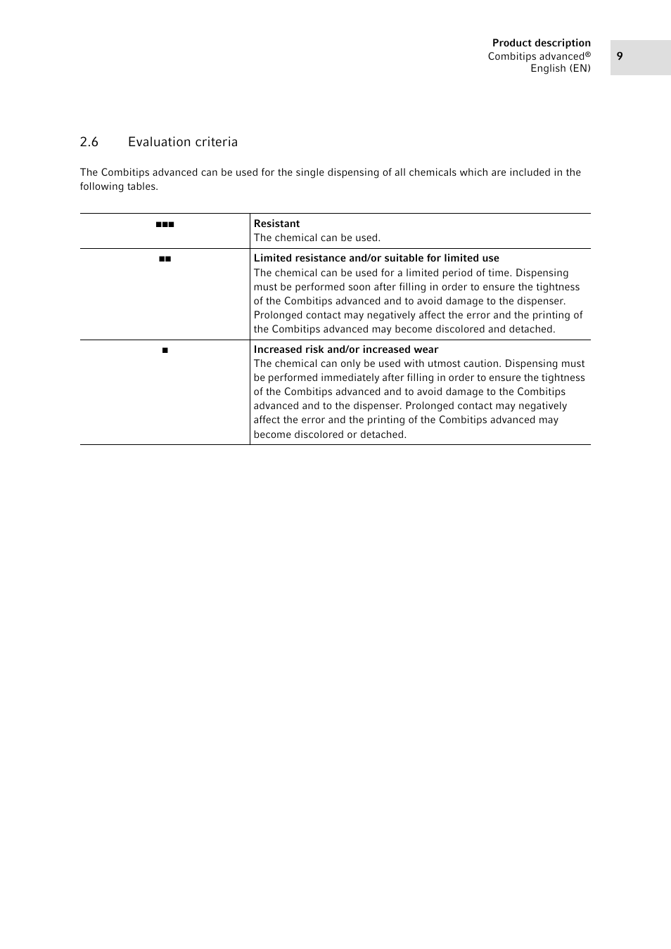 6 evaluation criteria, Evaluation criteria | Eppendorf Combitips advanced User Manual | Page 9 / 29