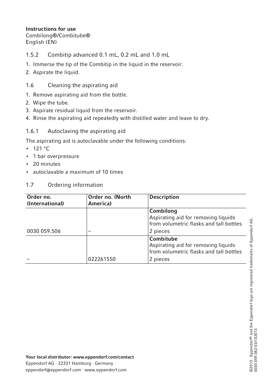 2 combitip advanced 0.1 ml, 0.2 ml and 1.0 ml, 6 cleaning the aspirating aid, 1 autoclaving the aspirating aid | 7 ordering information | Eppendorf Combitube User Manual | Page 2 / 2