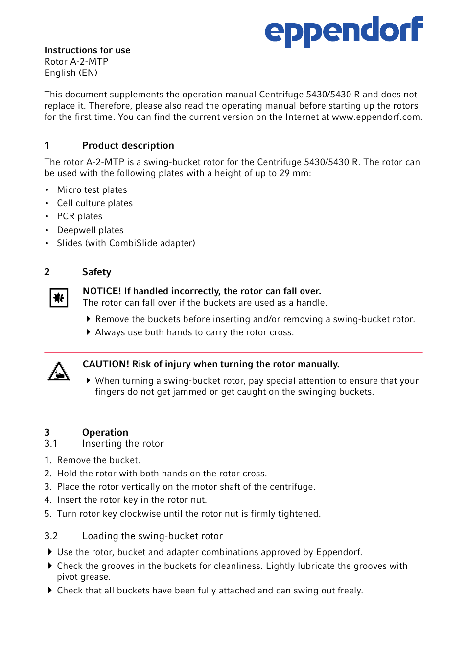 Eppendorf Rotor A-2-MTP of Centrifuge 5430 User Manual | 3 pages