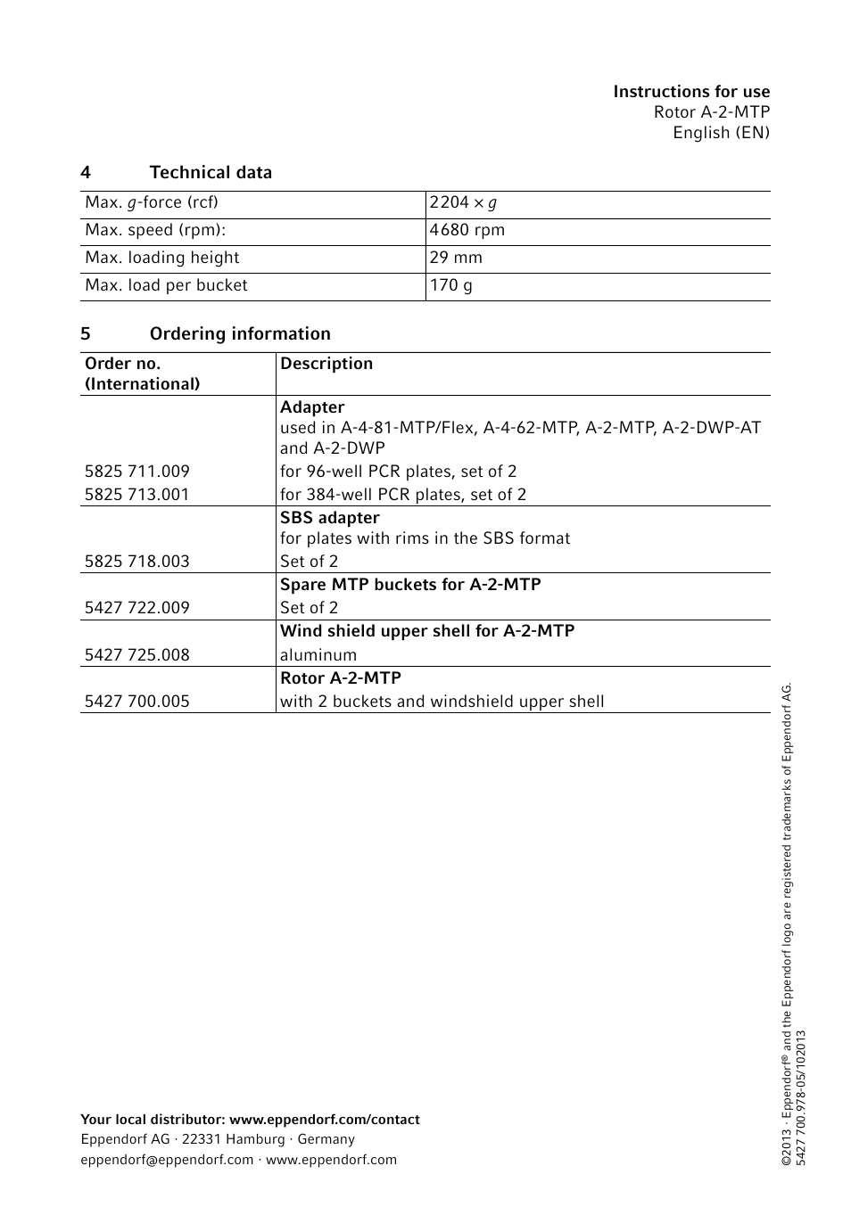 4 technical data, 5 ordering information | Eppendorf Rotor A-2-MTP of Centrifuge 5430 User Manual | Page 3 / 3