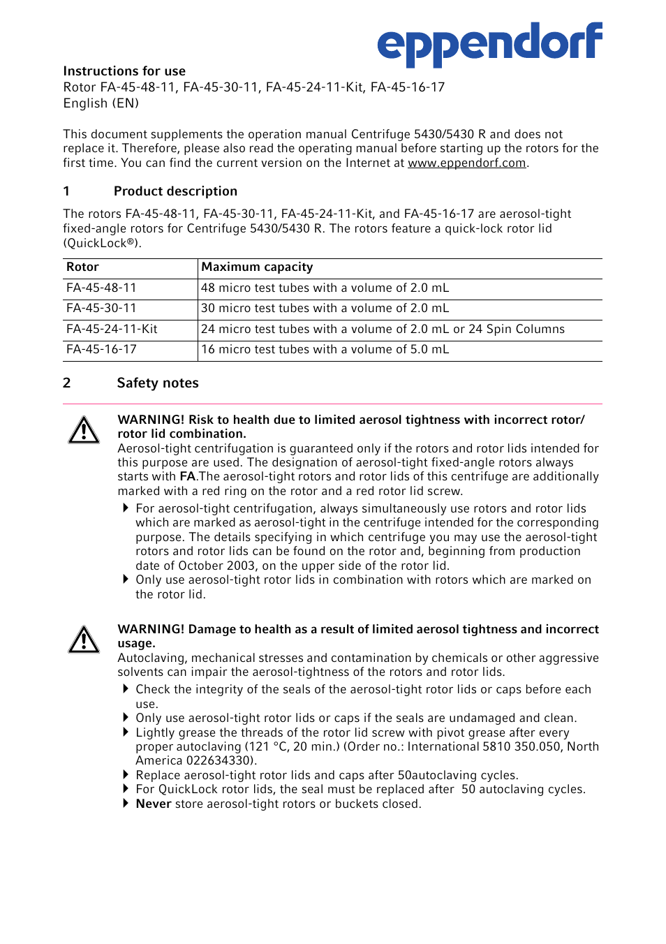 Eppendorf FA-45-48-11 Rotors User Manual | 4 pages