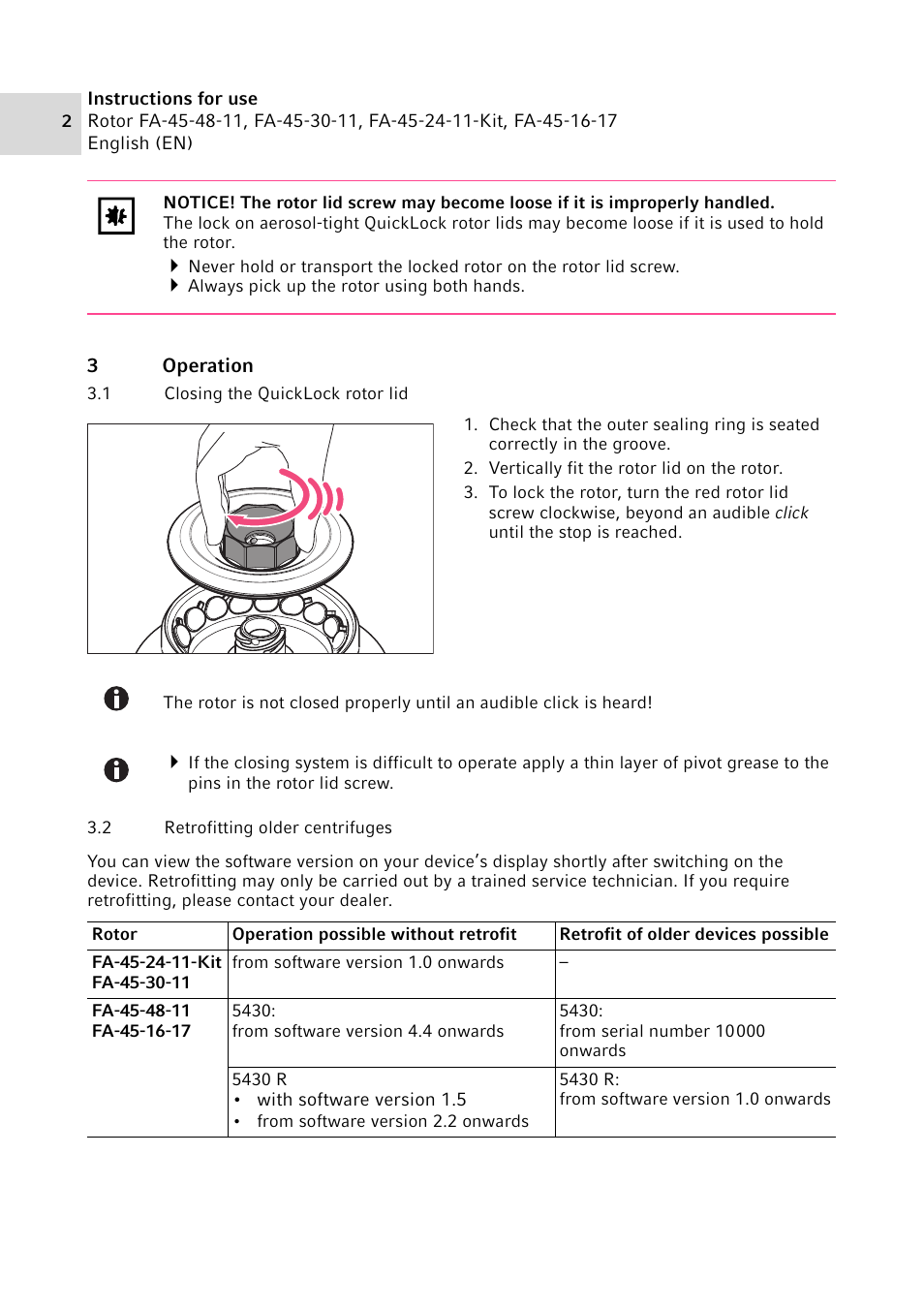 3 operation, 1 closing the quicklock rotor lid, 2 retrofitting older centrifuges | Eppendorf FA-45-48-11 Rotors User Manual | Page 2 / 4
