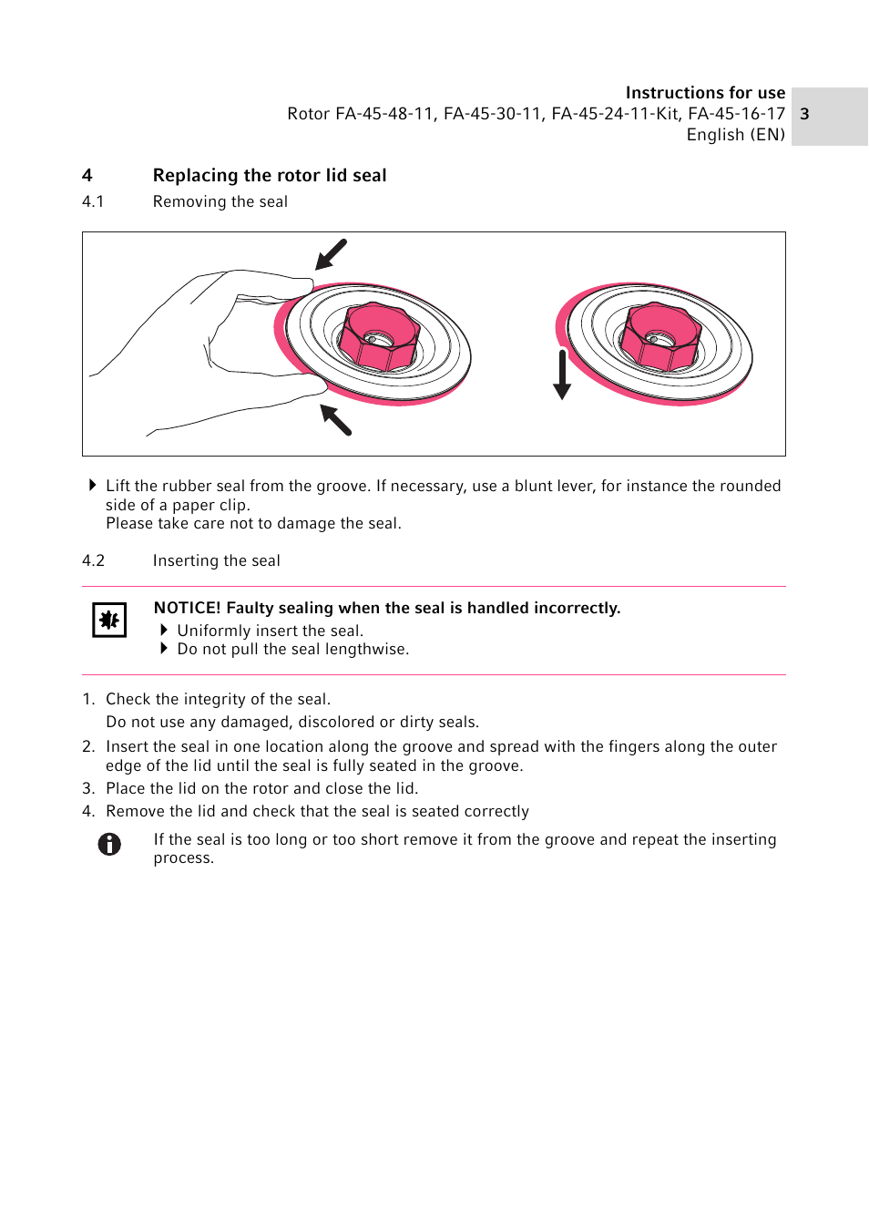 4 replacing the rotor lid seal, 1 removing the seal, 2 inserting the seal | Eppendorf FA-45-48-11 Rotors User Manual | Page 3 / 4