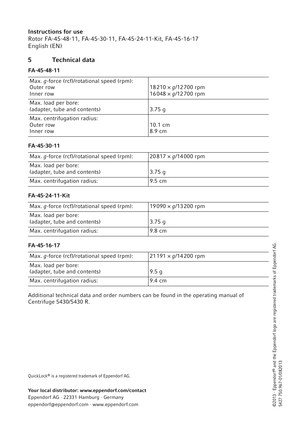 5 technical data, 5technical data | Eppendorf FA-45-48-11 Rotors User Manual | Page 4 / 4