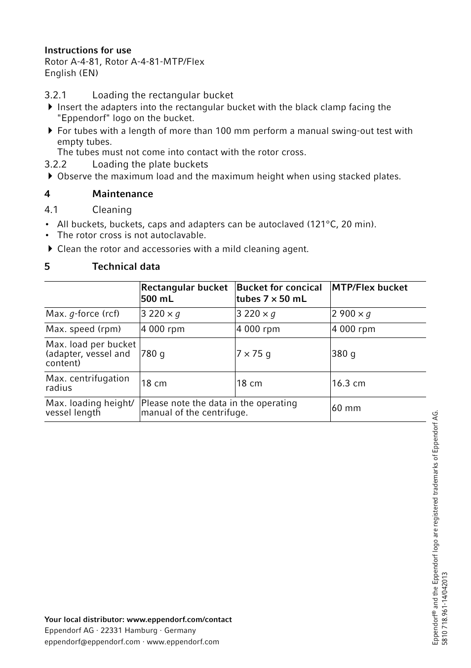 1 loading the rectangular bucket, 2 loading the plate buckets, 4 maintenance | 1 cleaning, 5 technical data | Eppendorf A-4-81-MTP/Flex Rotor User Manual | Page 2 / 2