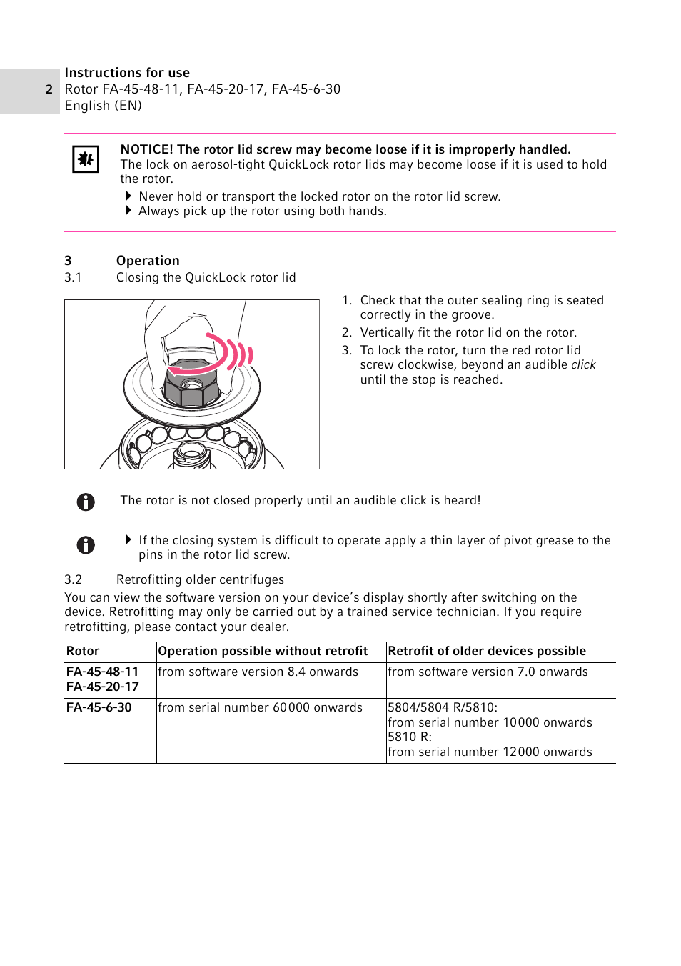 3 operation, 1 closing the quicklock rotor lid, 2 retrofitting older centrifuges | Eppendorf FA-45-6-30 User Manual | Page 2 / 4