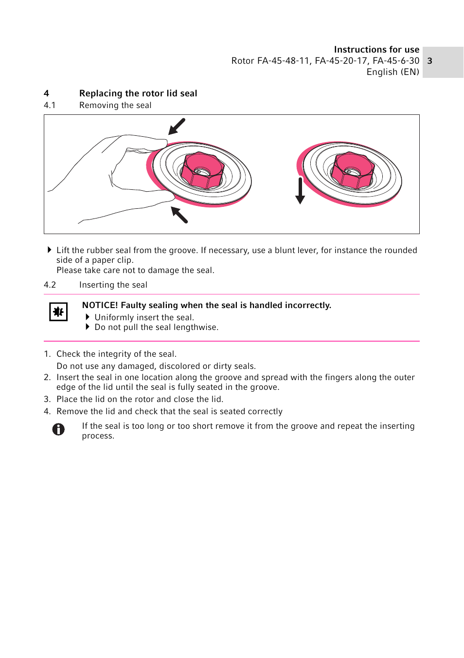 4 replacing the rotor lid seal, 1 removing the seal, 2 inserting the seal | Eppendorf FA-45-6-30 User Manual | Page 3 / 4