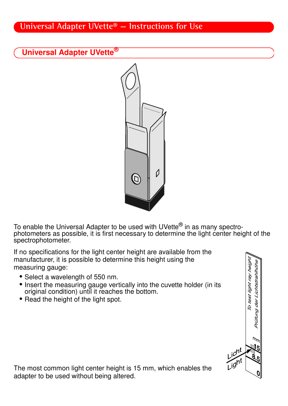 Eppendorf Universal Adapter UVette User Manual | 2 pages