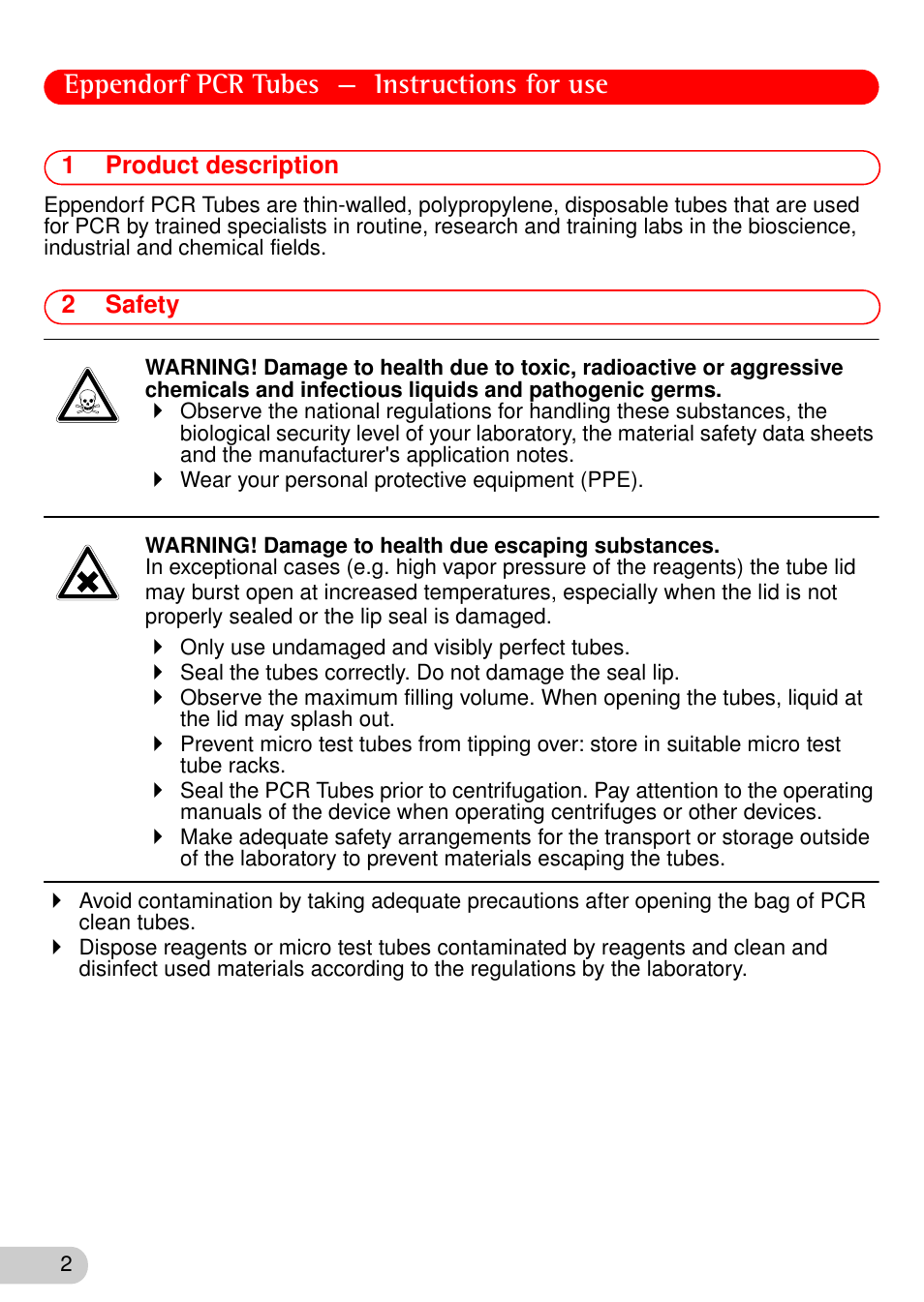 1 product description, 2 safety, Eppendorf pcr tubes — instructions for use | 1product description, 2safety | Eppendorf PCR tubes User Manual | Page 2 / 4
