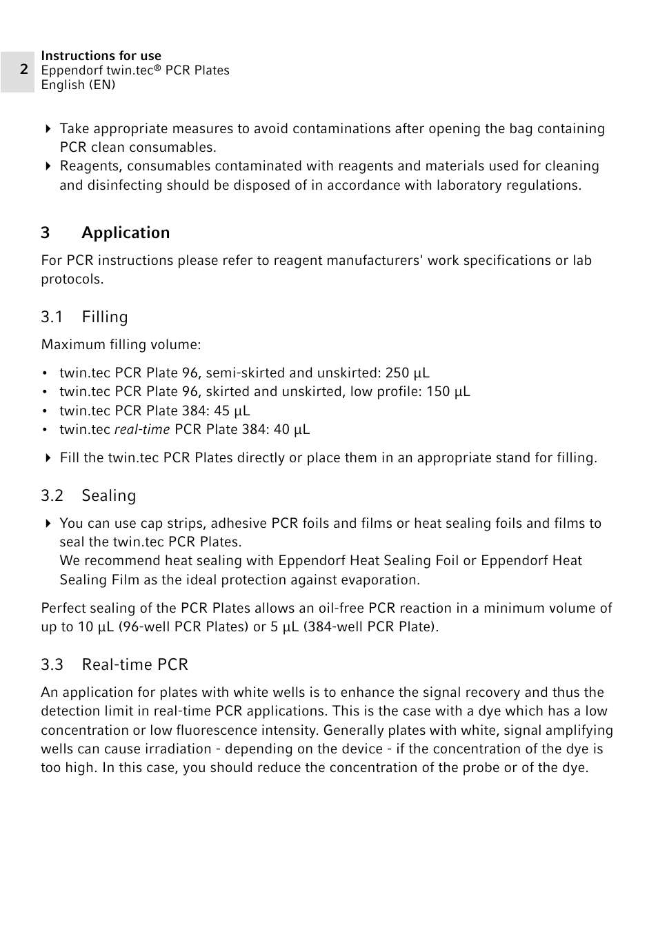 3 application, 1 filling, 2 sealing | 3 real-time pcr | Eppendorf twin.tec PCR Plates User Manual | Page 2 / 4