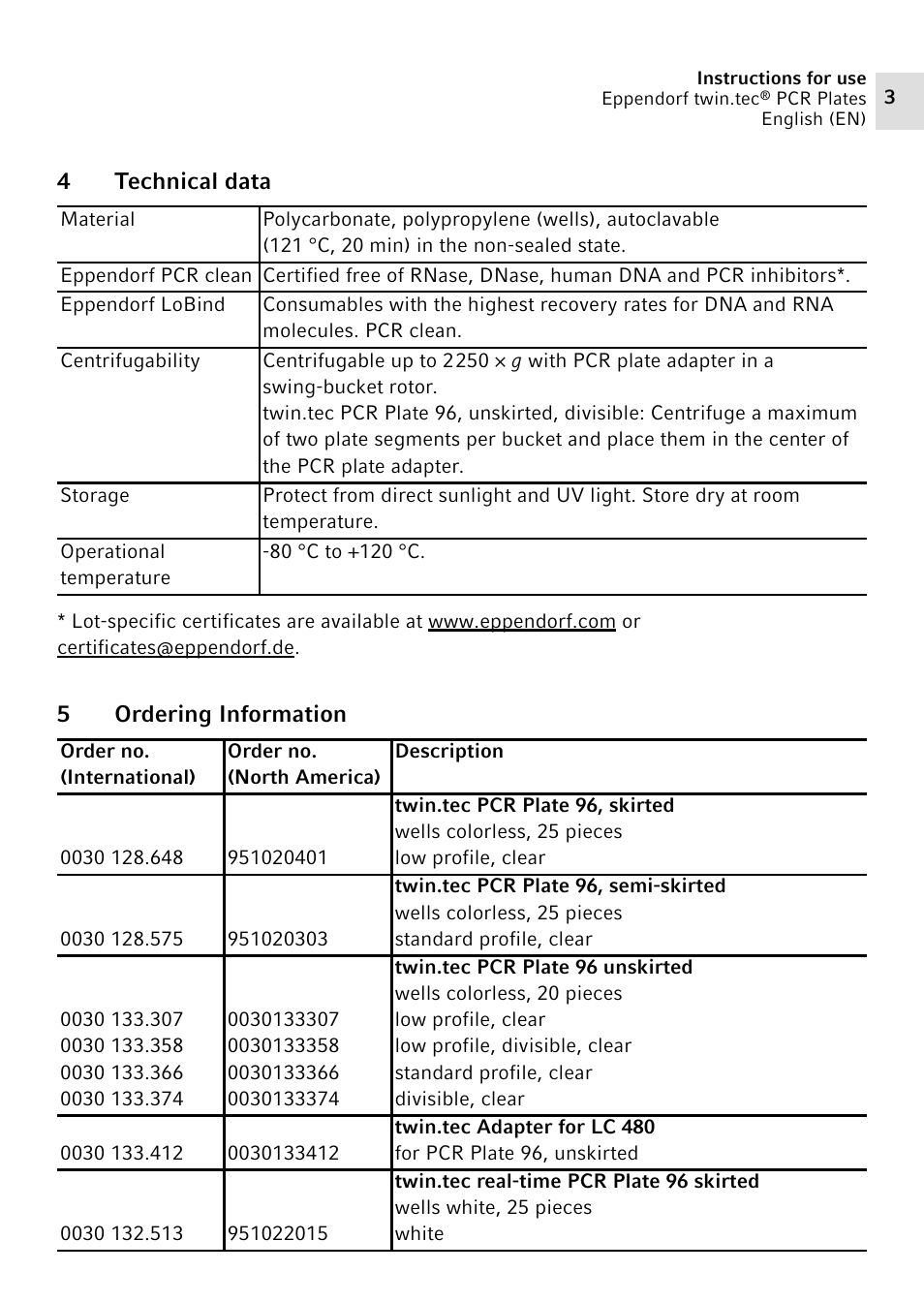 4 technical data, 5 ordering information | Eppendorf twin.tec PCR Plates User Manual | Page 3 / 4