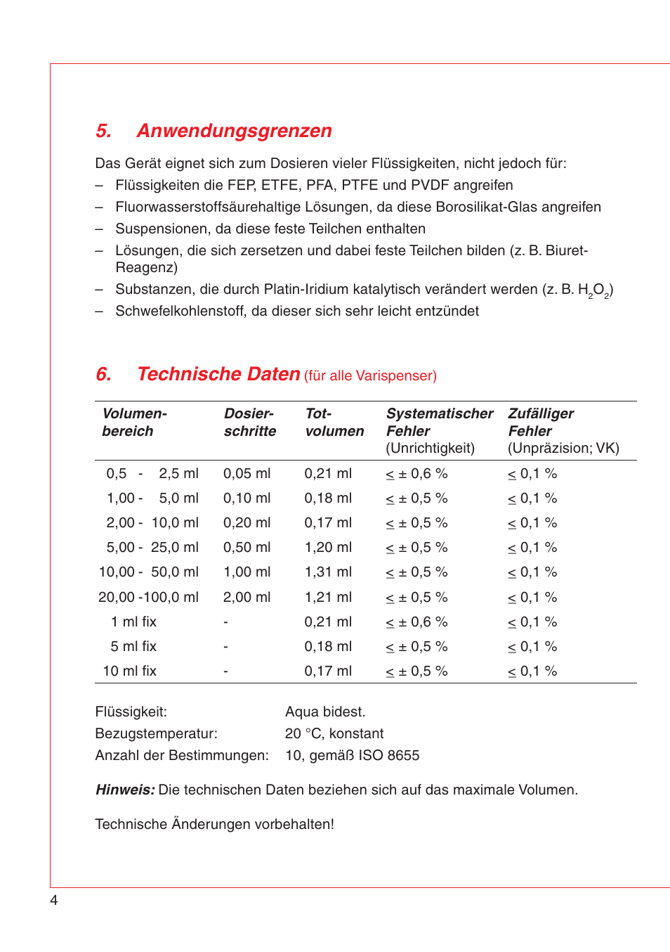 Technische daten, Anwendungsgrenzen | Eppendorf Varispenser 4962 User Manual | Page 10 / 110