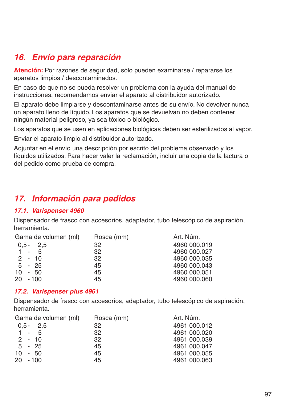 Envío para reparación 17. información para pedidos | Eppendorf Varispenser 4962 User Manual | Page 103 / 110