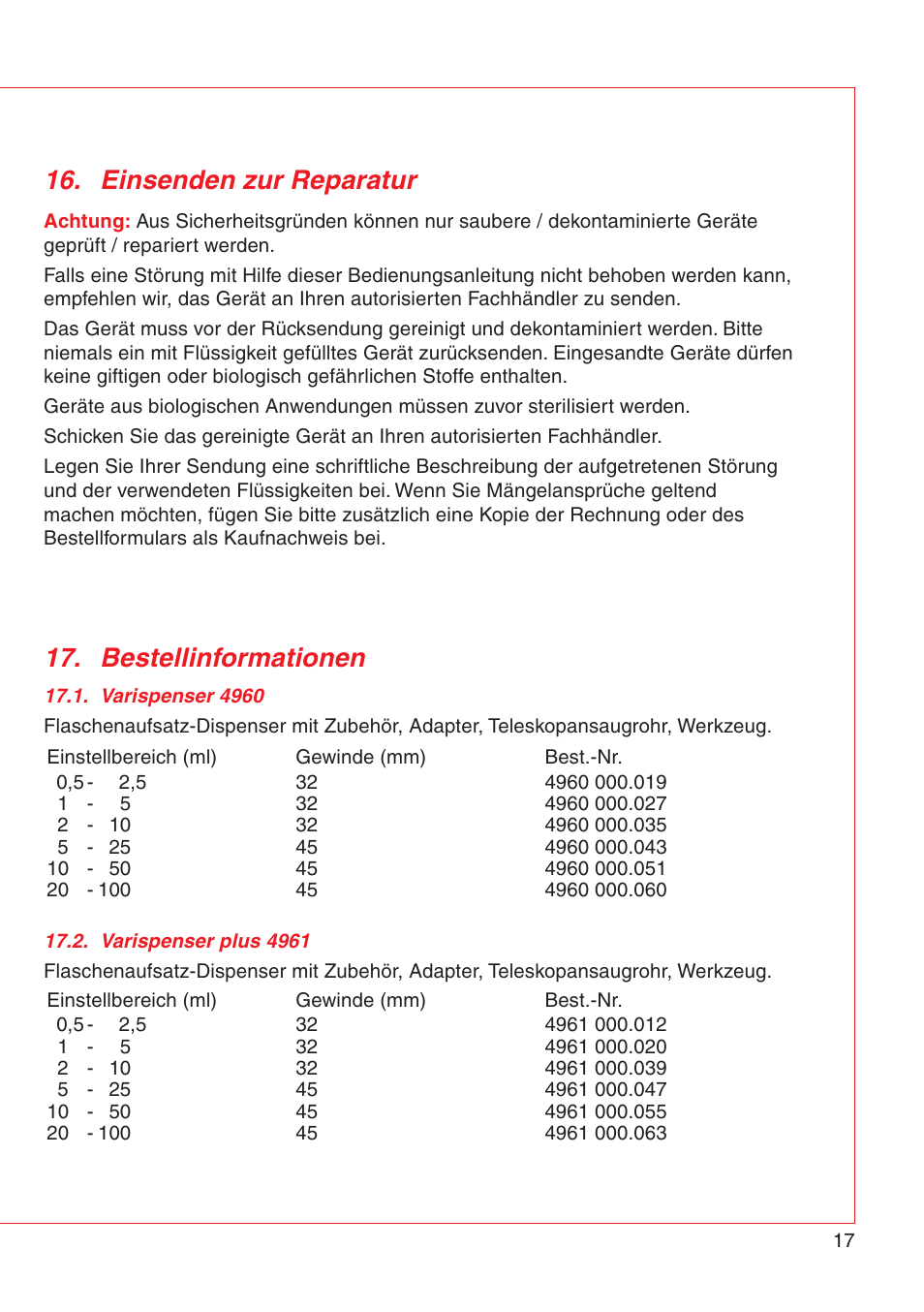 Einsenden zur reparatur 17. bestellinformationen | Eppendorf Varispenser 4962 User Manual | Page 23 / 110