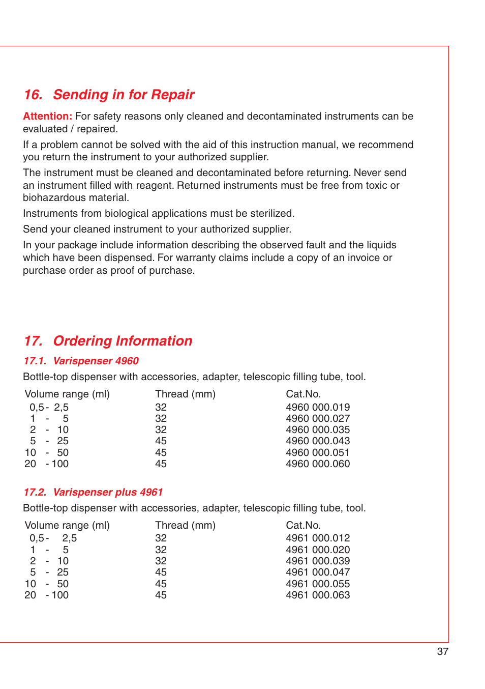 Sending in for repair 17. ordering information | Eppendorf Varispenser 4962 User Manual | Page 43 / 110