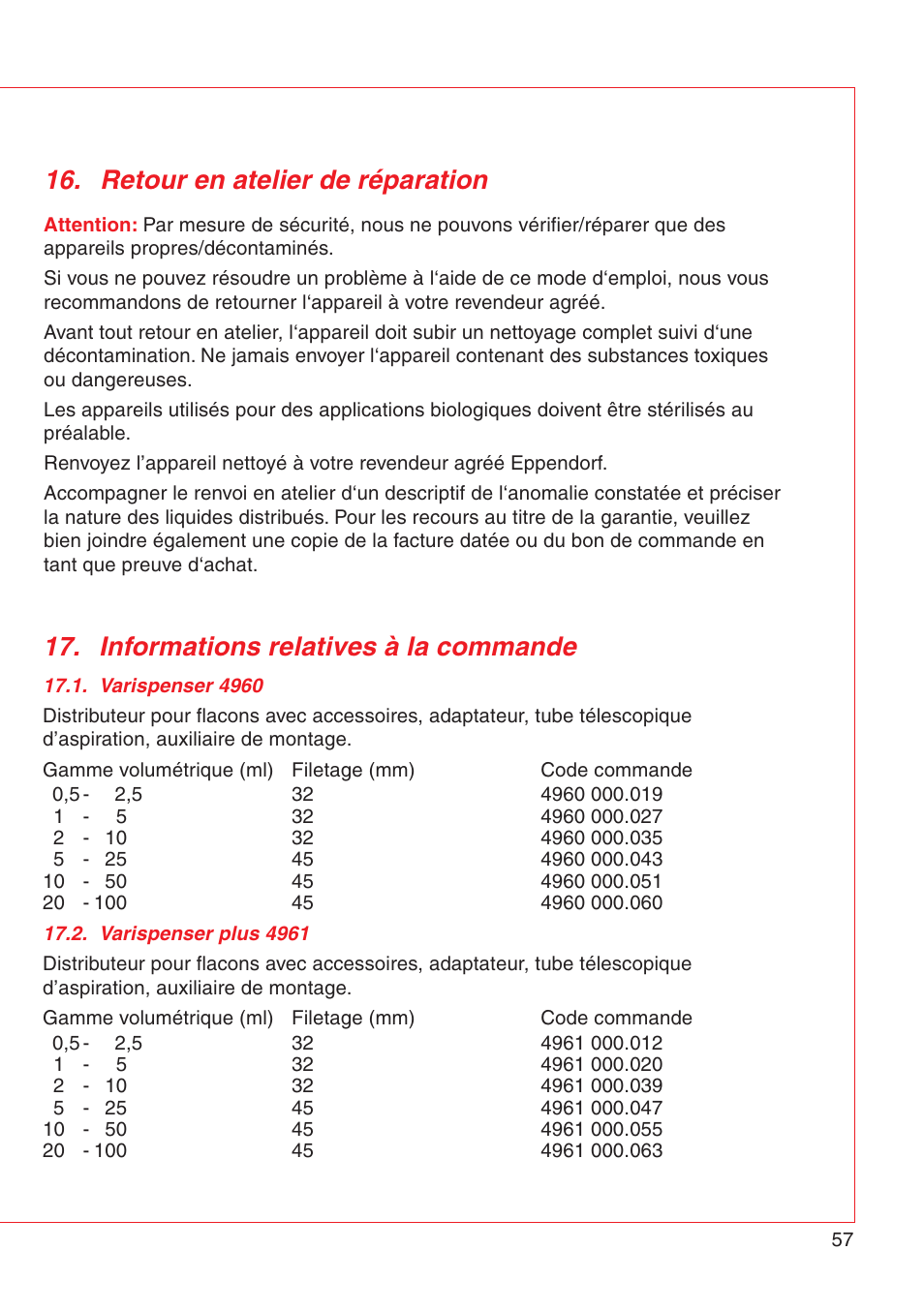 Informations relatives à la commande, Retour en atelier de réparation | Eppendorf Varispenser 4962 User Manual | Page 63 / 110