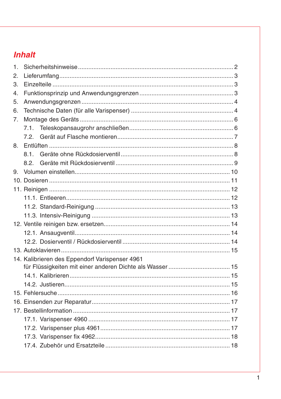 Inhalt | Eppendorf Varispenser 4962 User Manual | Page 7 / 110